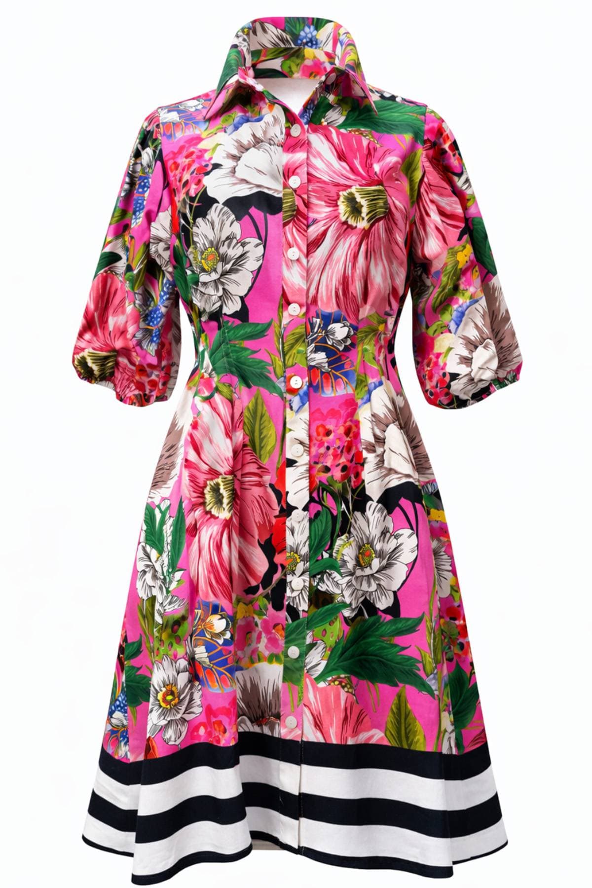 A vibrant floral dress with large pink and white flowers and black and white striped hem.