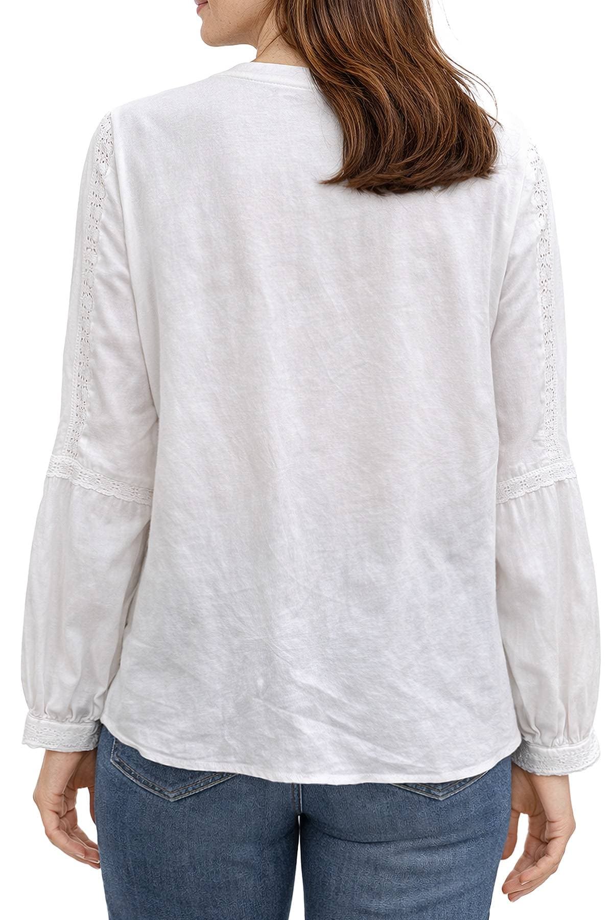 A person wearing a long-sleeved white blouse and blue jeans is shown from the back.