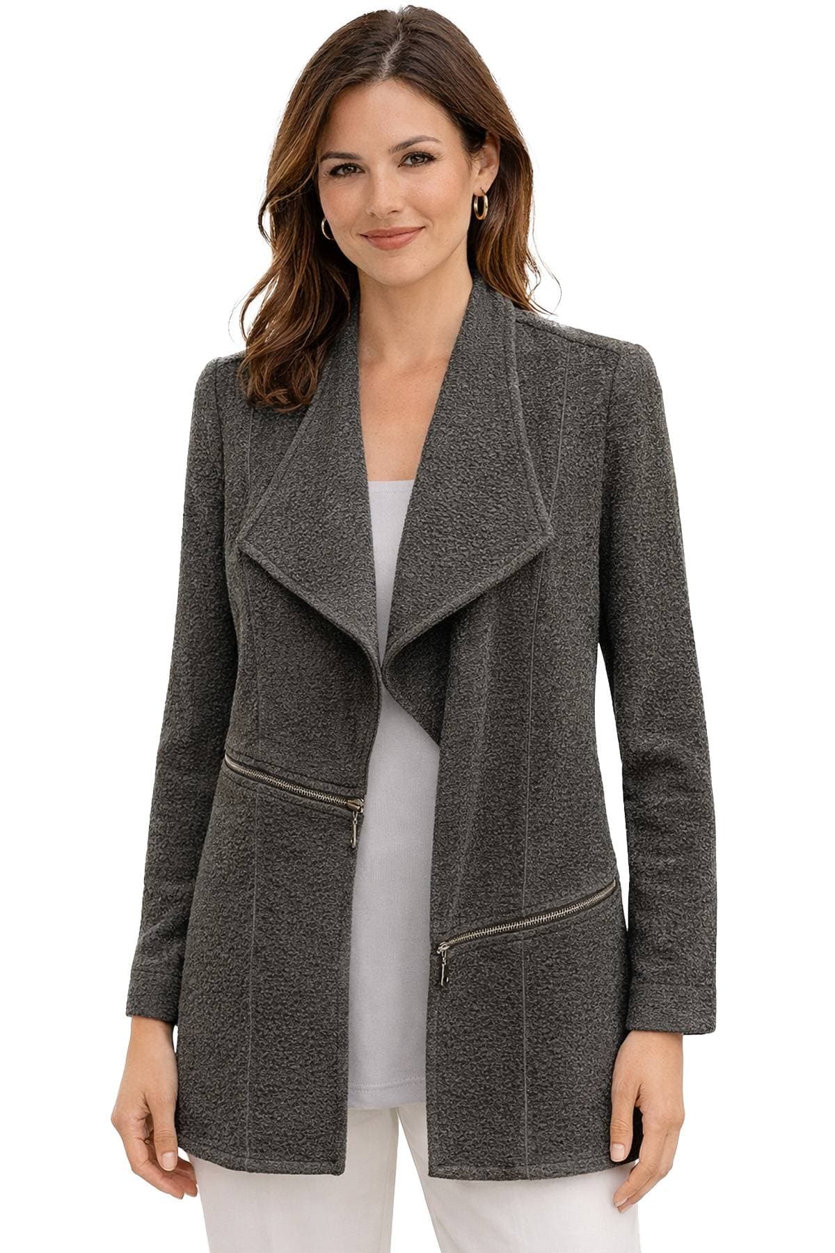 A woman is wearing a textured gray long-sleeve jacket with zippers over a light top.