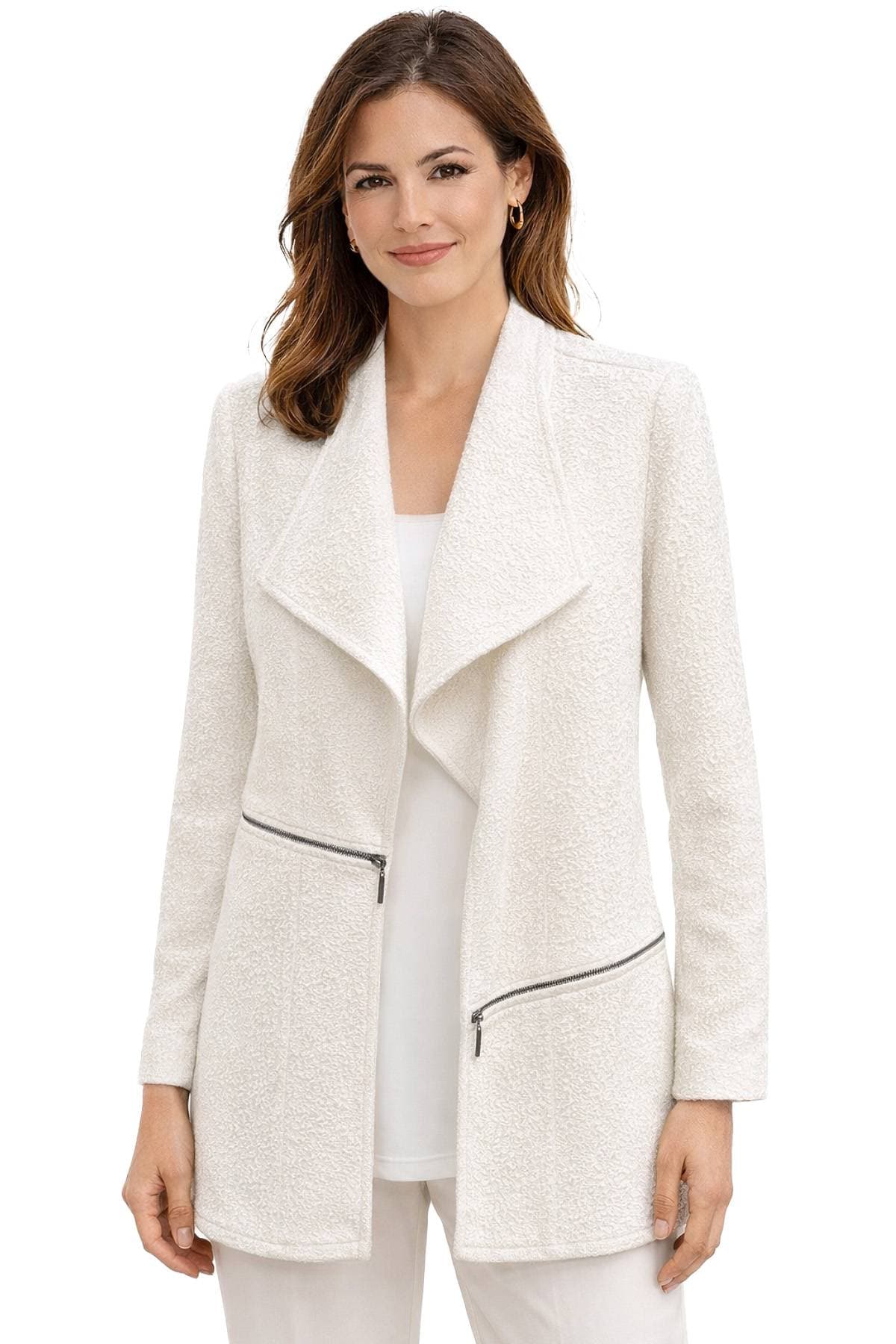 A woman is wearing a light-colored textured jacket with asymmetrical lapels and zipper pockets.