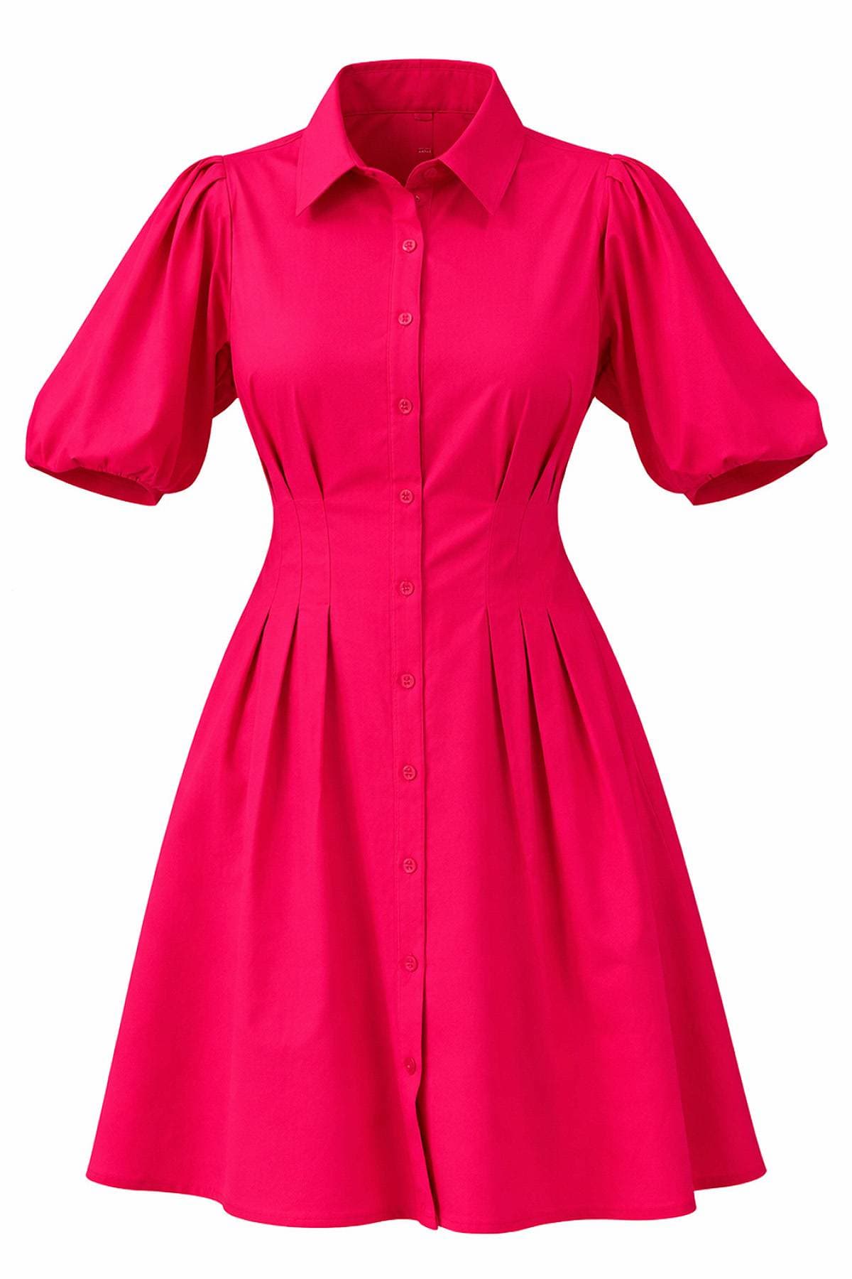 A bright pink dress with a button-down front and puff sleeves.