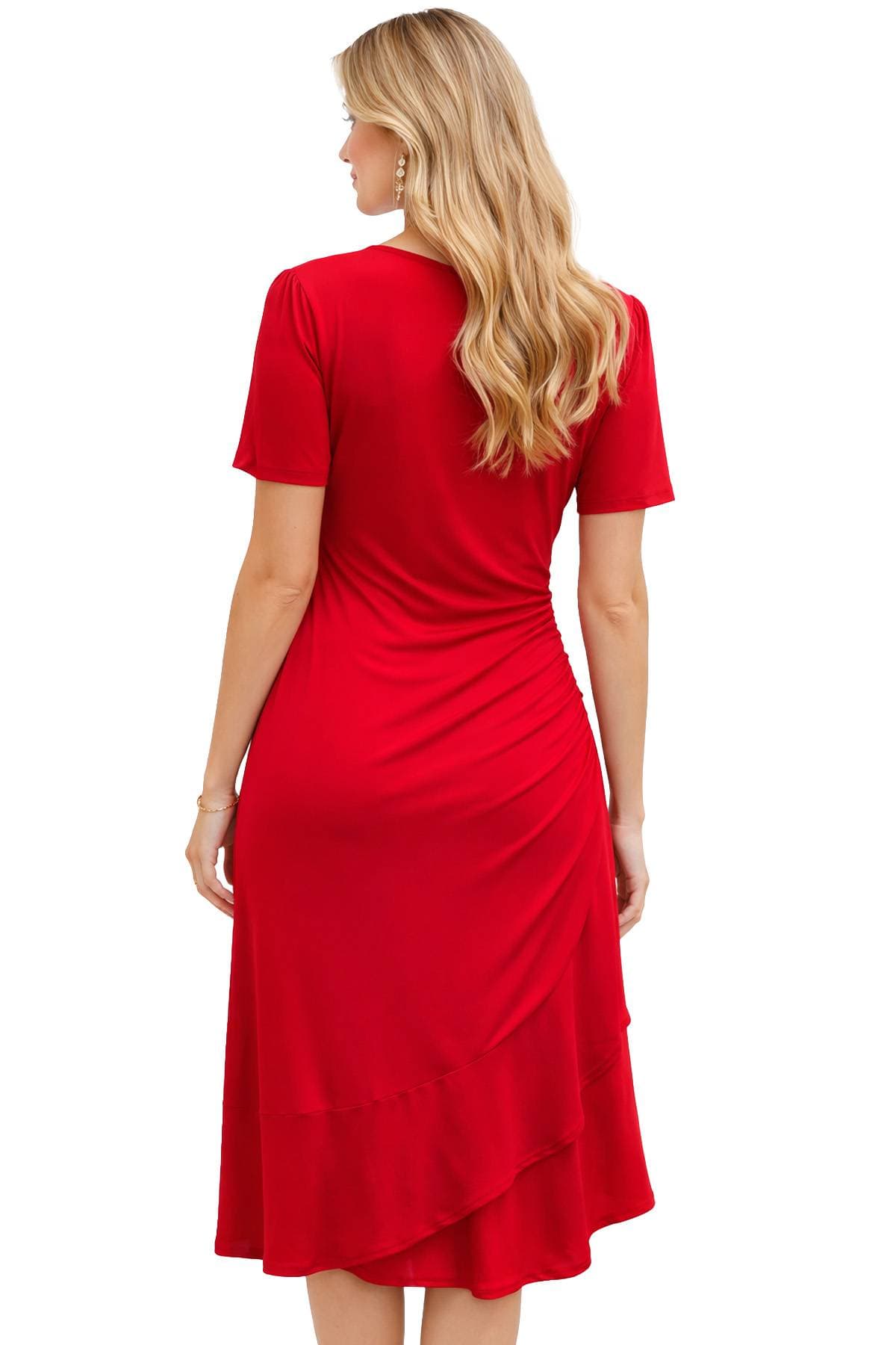 A woman with long blonde hair wearing a red dress is facing away.