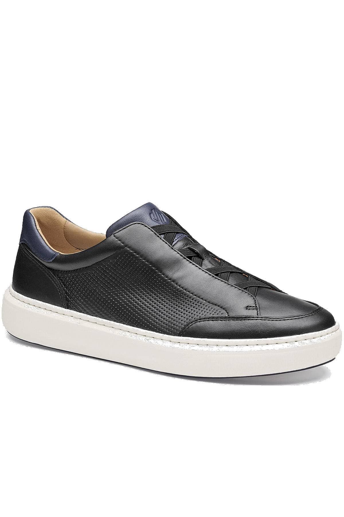 A black leather sneaker with a white sole and navy accents.