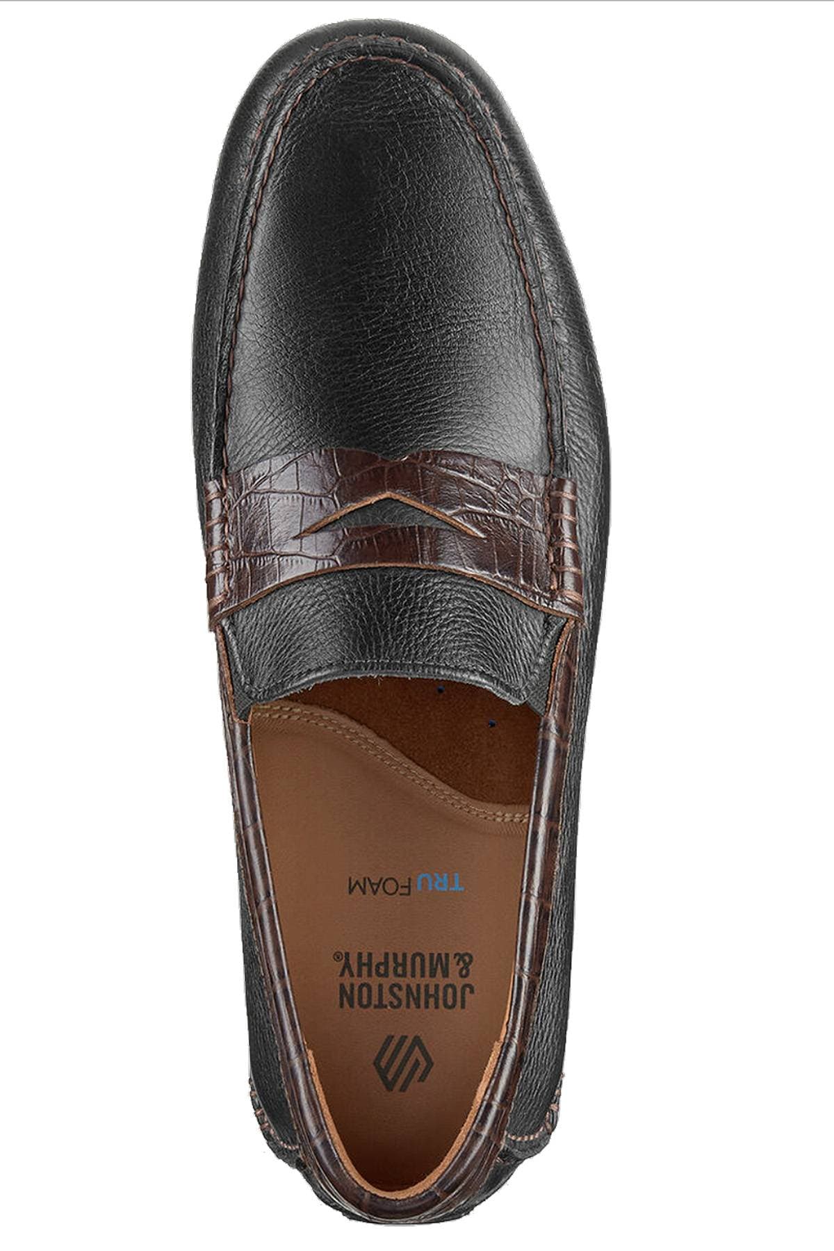 A black leather loafer with brown crocodile-textured accents on the upper section.
