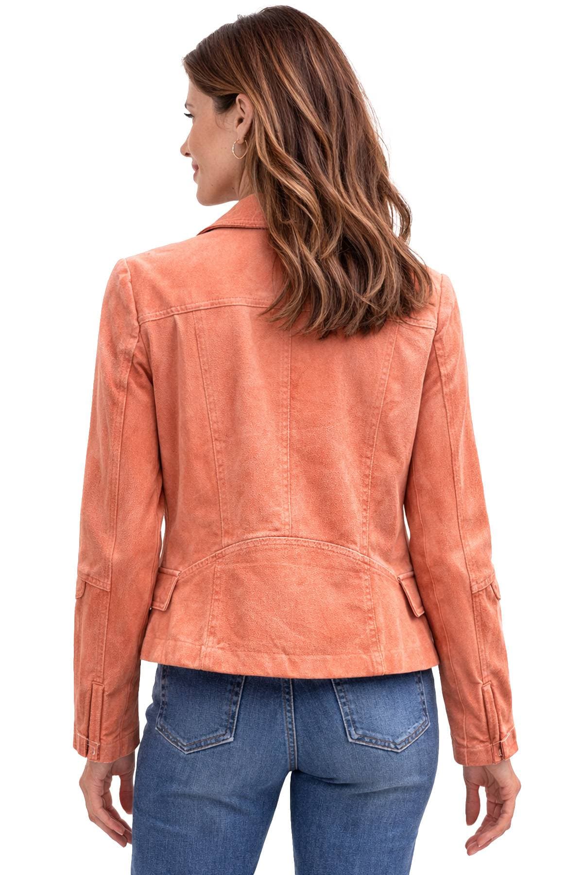 A person wearing a coral jacket and jeans is shown from the back.