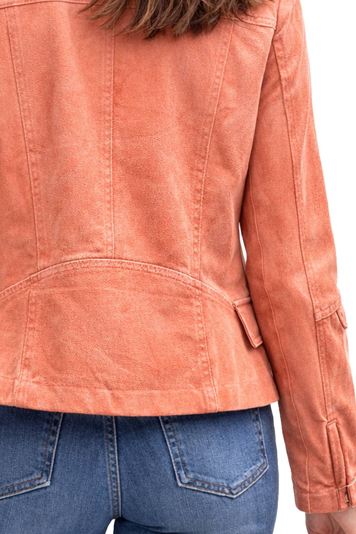 A person wearing a coral-colored jacket and blue jeans is shown from the back.