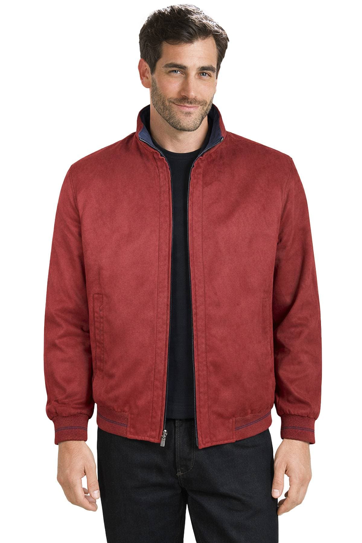 A man wearing a red jacket with a partially zipped front.