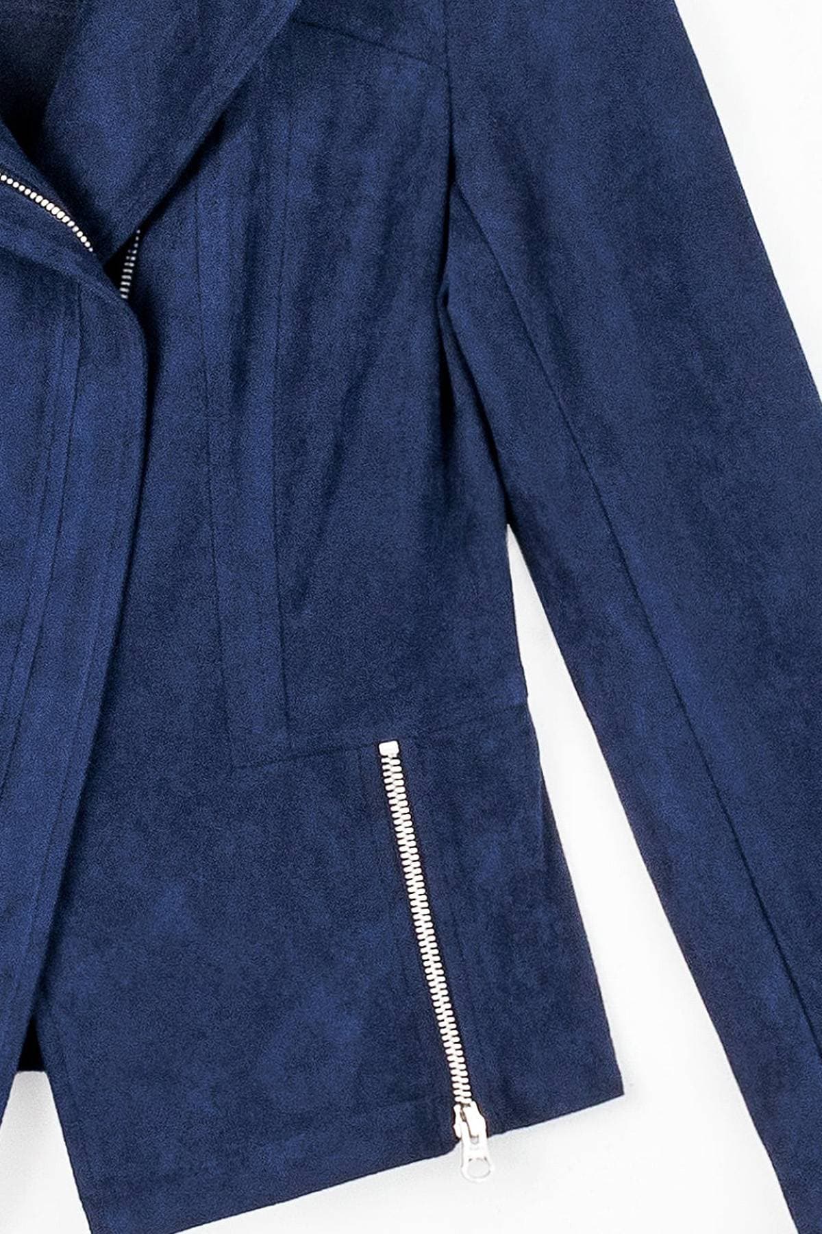 A close-up of the upper half of a navy blue suede jacket with a silver zipper detail.