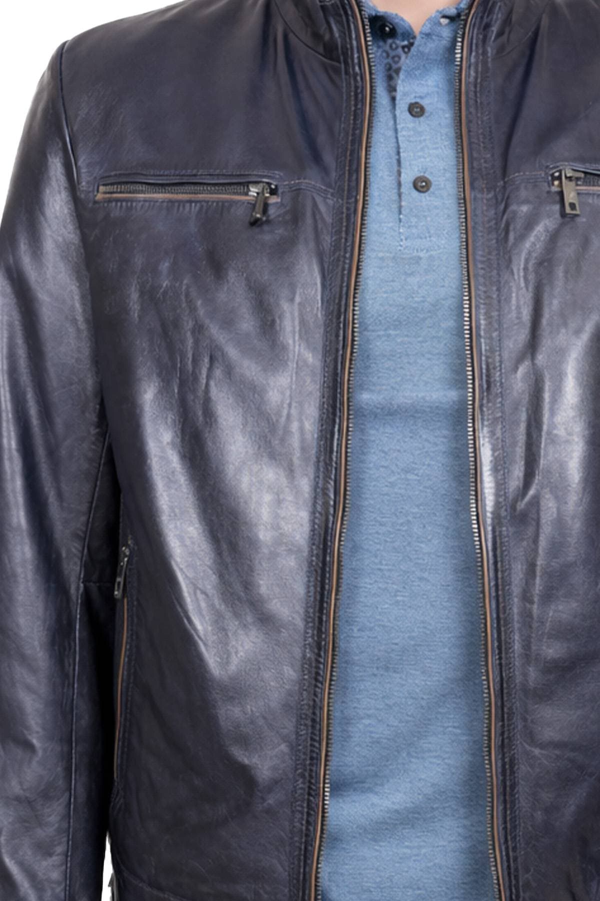 Navy Blue Vintage Distressed Leather Jacket | Men's - $695.00 - View 6 of 7
