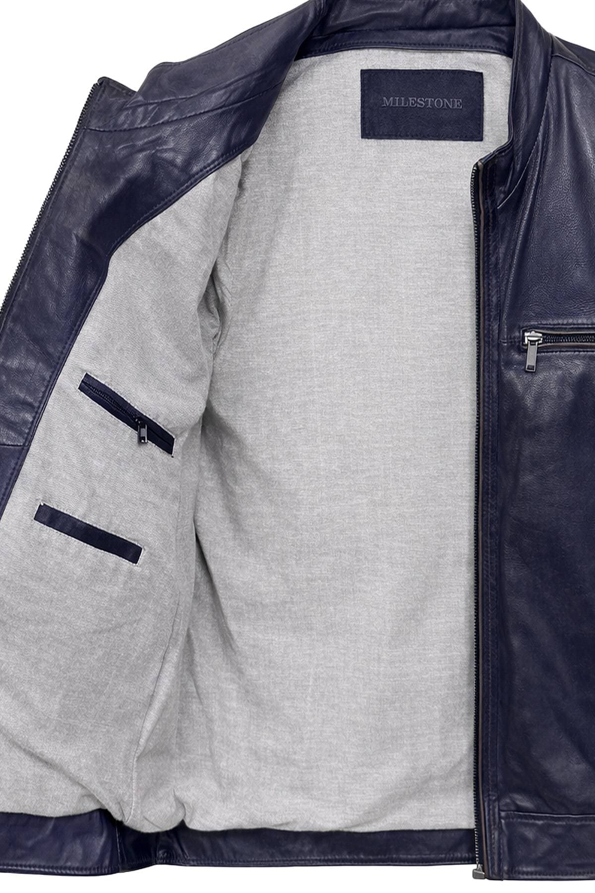 Open navy leather jacket with light gray fabric lining and interior pockets.