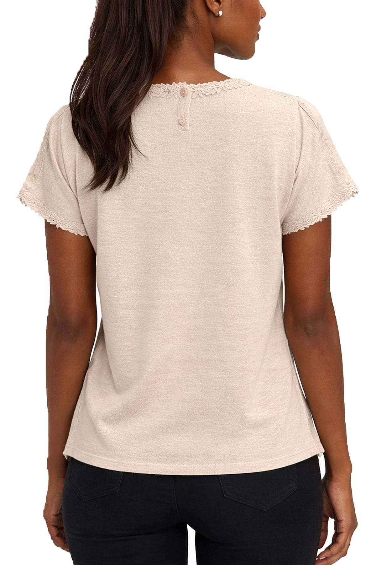 A woman wearing a beige short-sleeve top with lace trim is shown from the back.