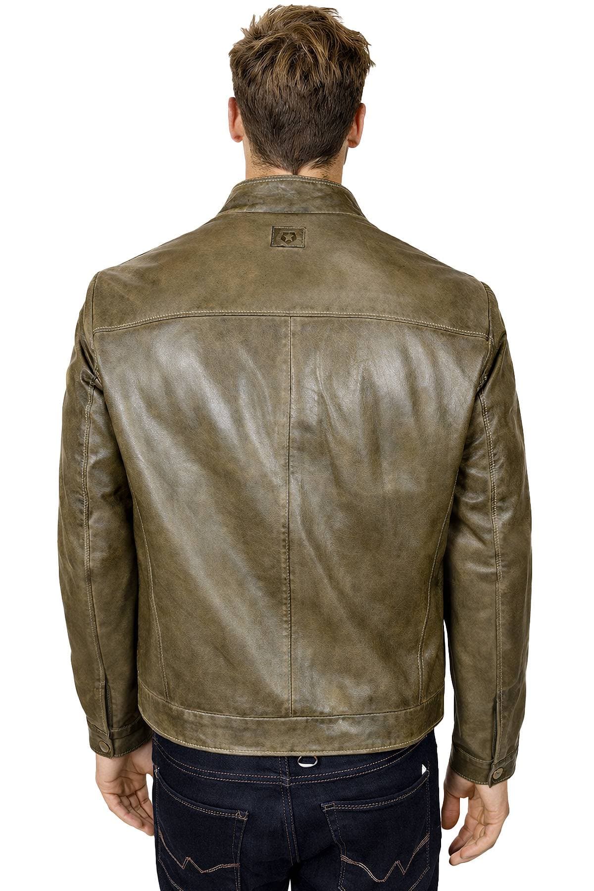 A person wearing a brown leather jacket is shown from the back.