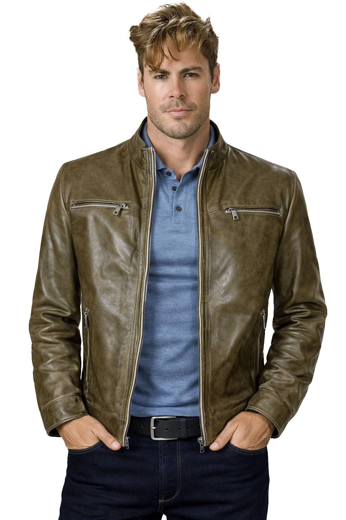 A person wearing a brown leather jacket over a blue shirt with hands in pockets.