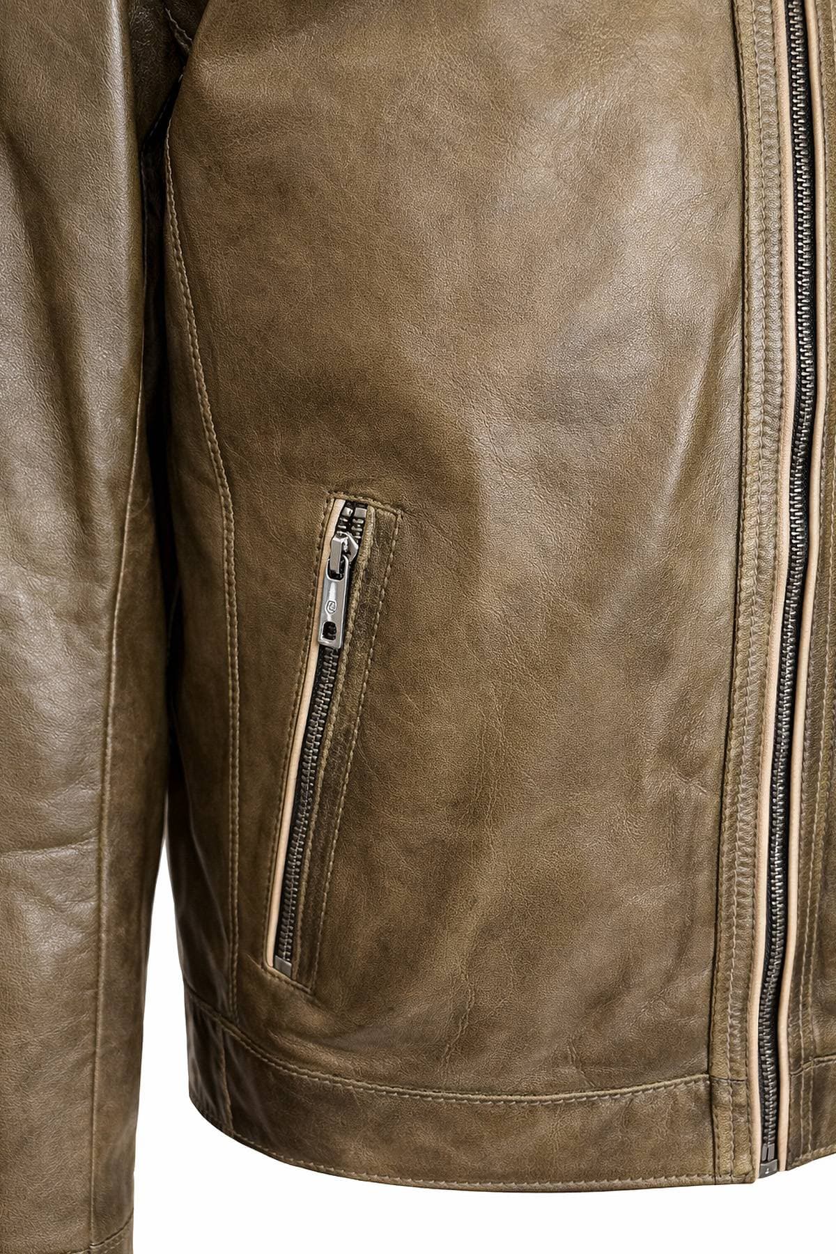Close-up of a brown leather jacket with a zipper pocket.