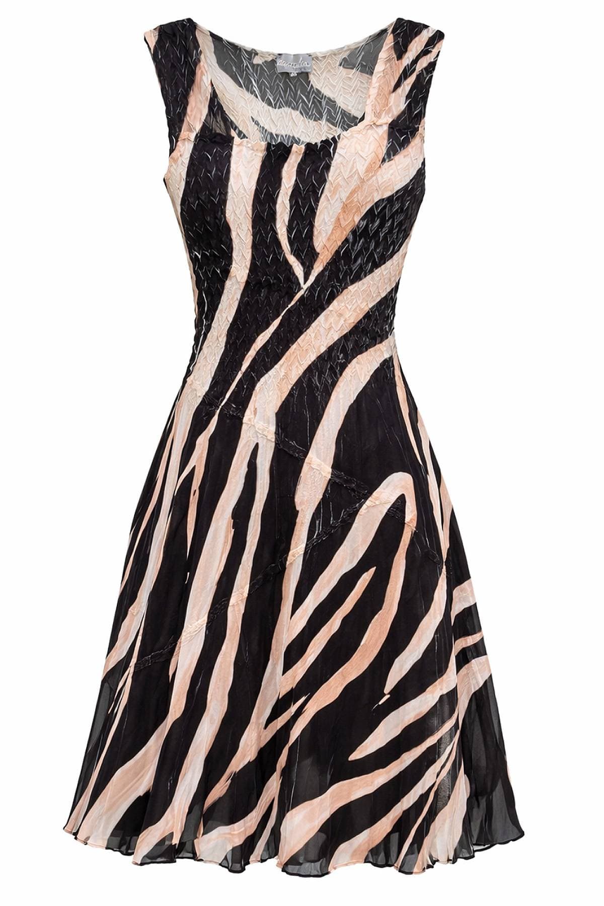 A sleeveless dress with a zigzag and striped pattern in black and beige.