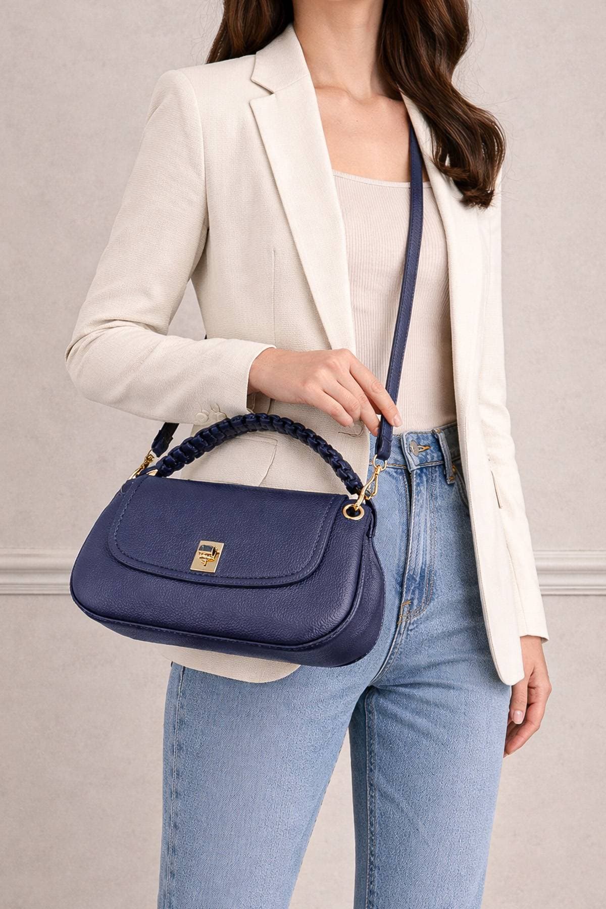 Navy Blue Italian Leather Braided Kelly Purse - 695.0000 - Alternative view 3