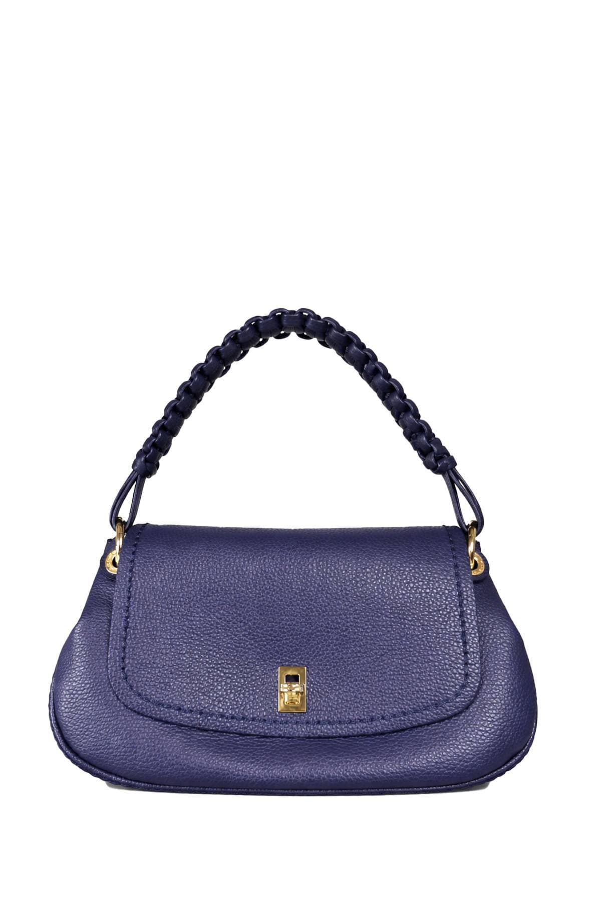 A navy blue leather handbag with a braided handle and gold clasp.