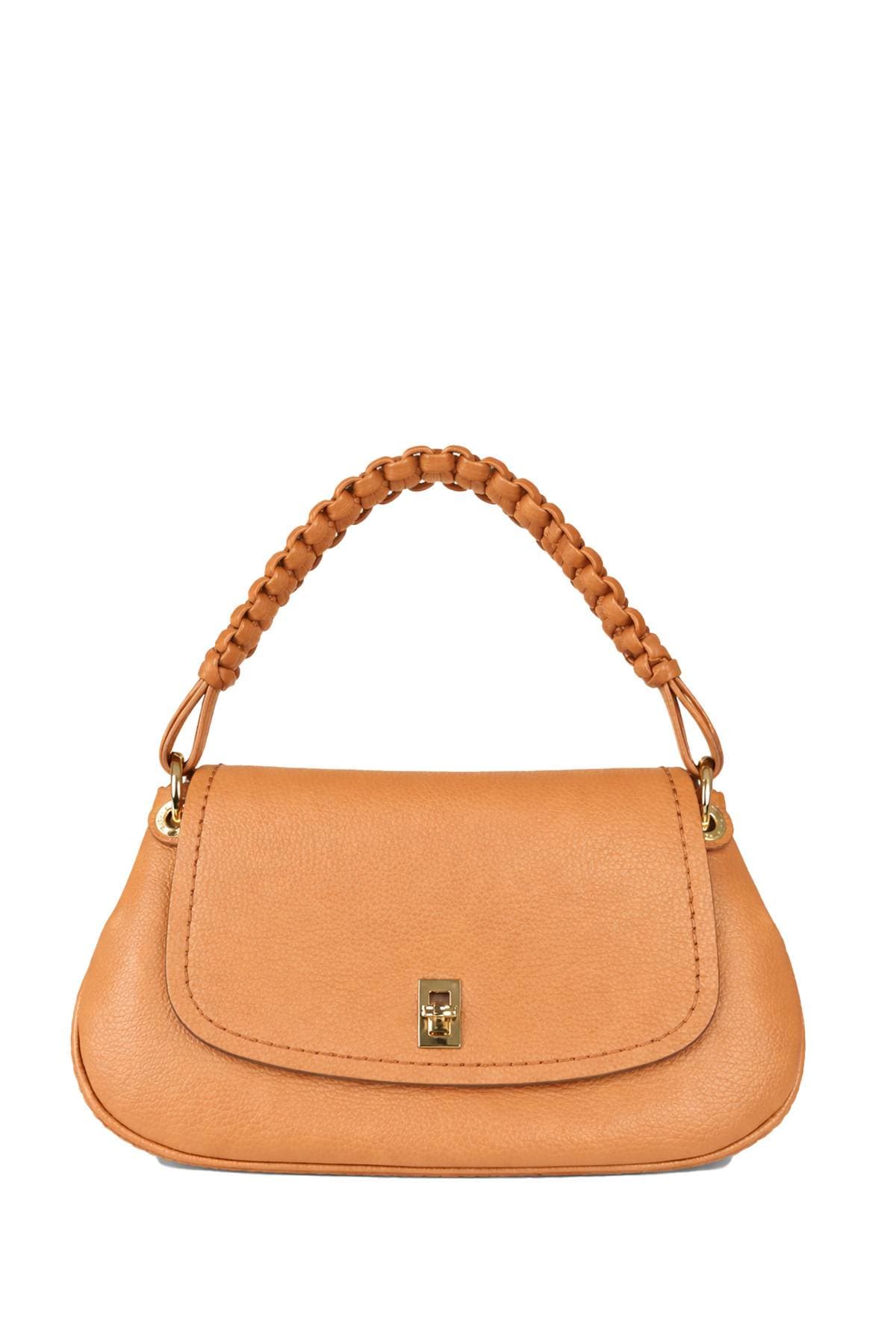 A tan leather handbag with a braided handle and gold clasp.