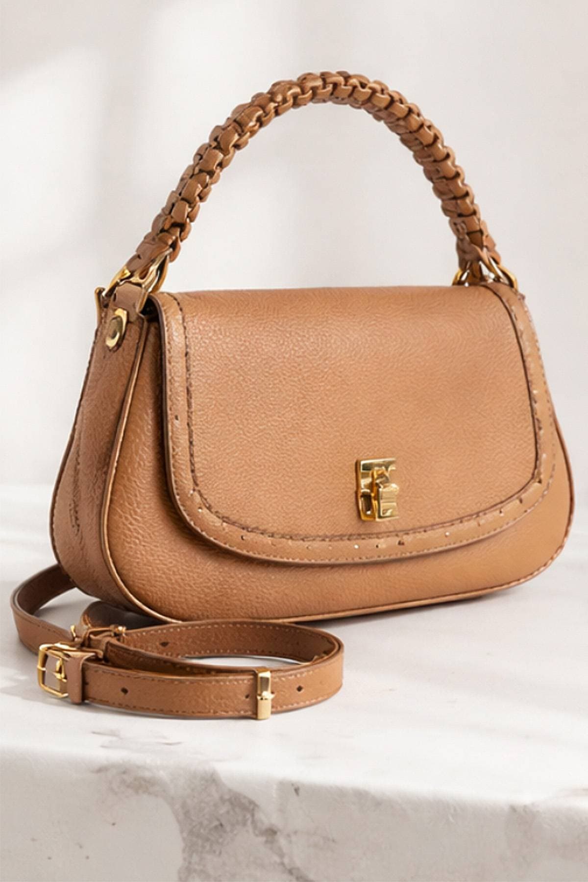 Camel Brown Italian Leather Braided Kelly Purse | Women's -  - View 7 of 7