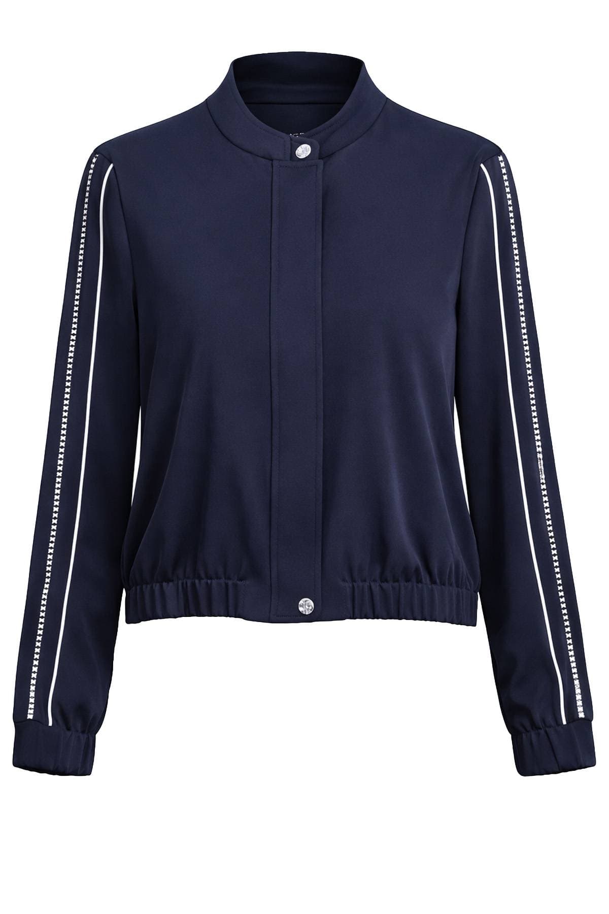A navy zip-up jacket with white stripe detailing on the sleeves.