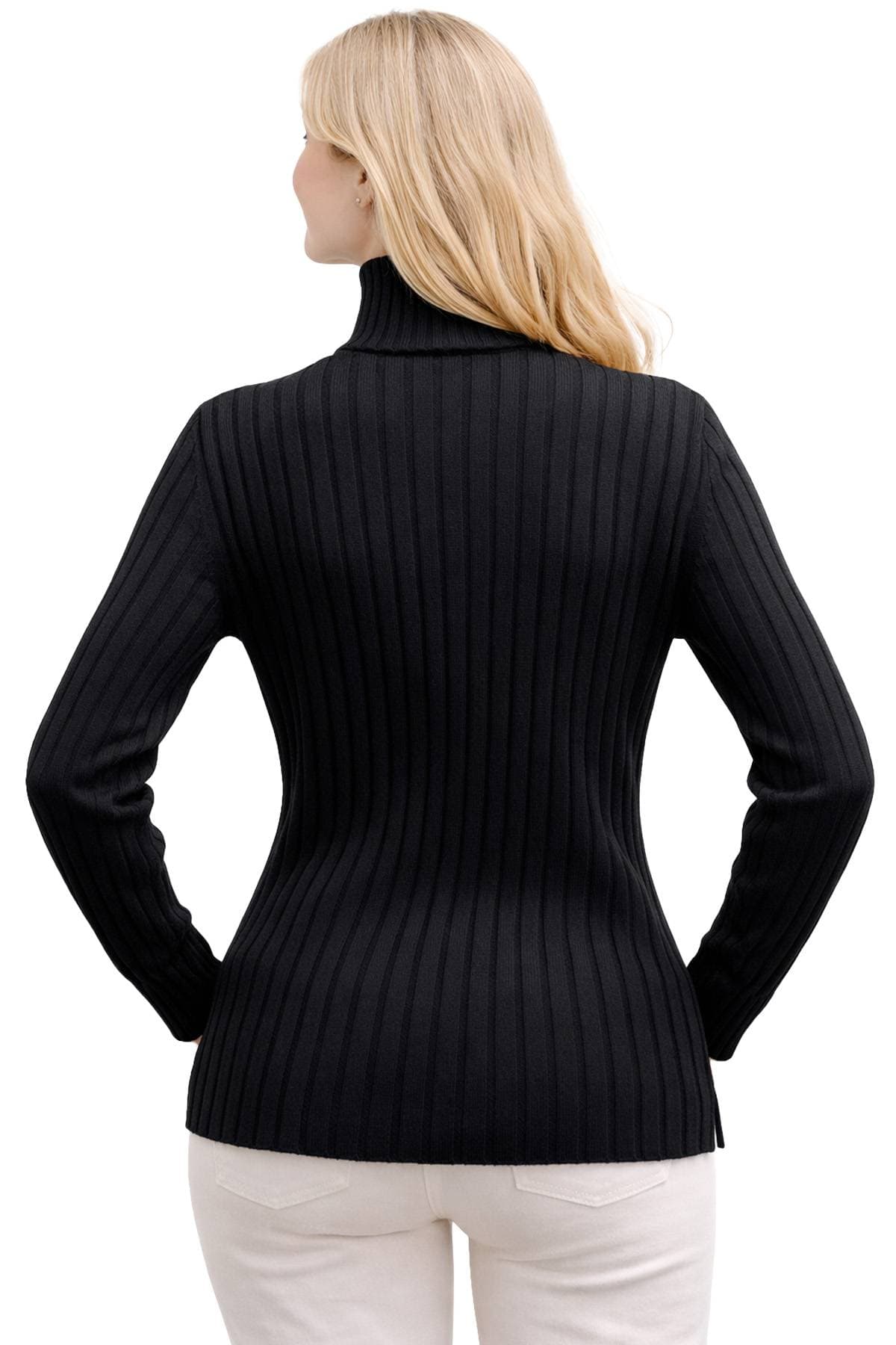 A person with long blonde hair is wearing a black ribbed turtleneck sweater and light pants, facing away.