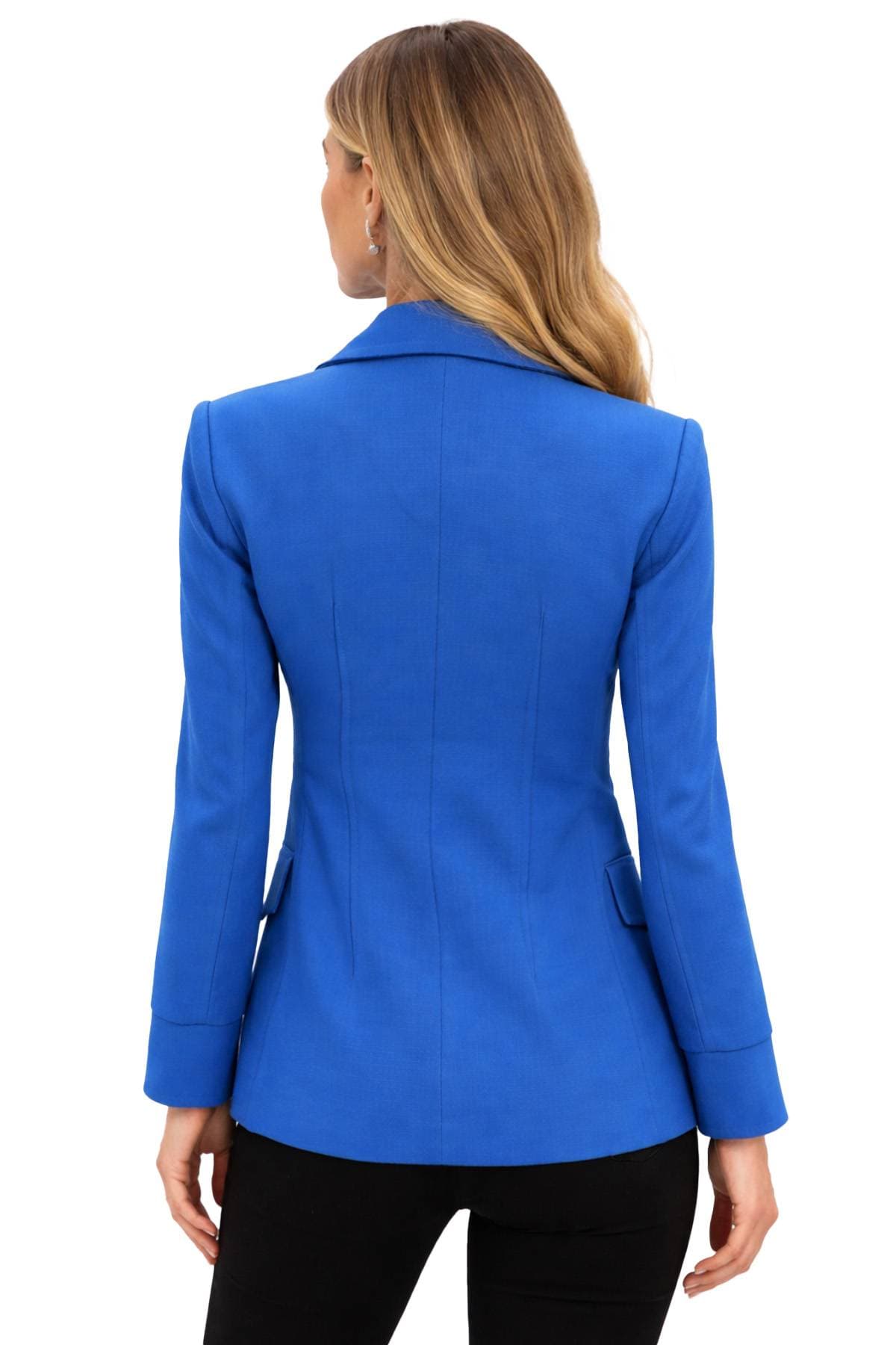 A person is seen from behind wearing a bright blue blazer and black pants.