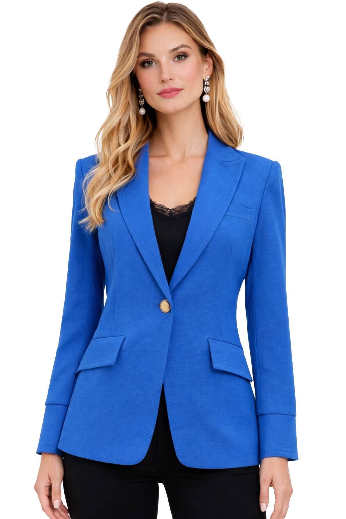 A person wearing a bright blue blazer and pearl earrings.