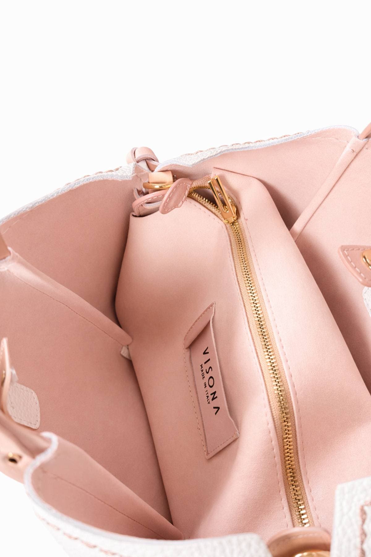 Pink White Italian Leather Contrast Tote - 795.0000 - Alternative view 2