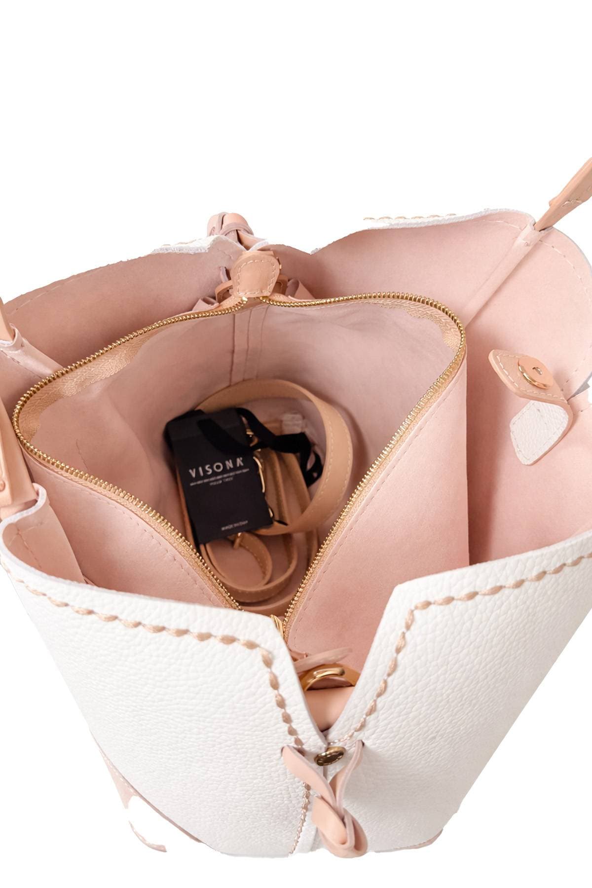 Pink White Italian Leather Contrast Tote - 795.0000 - Alternative view 5