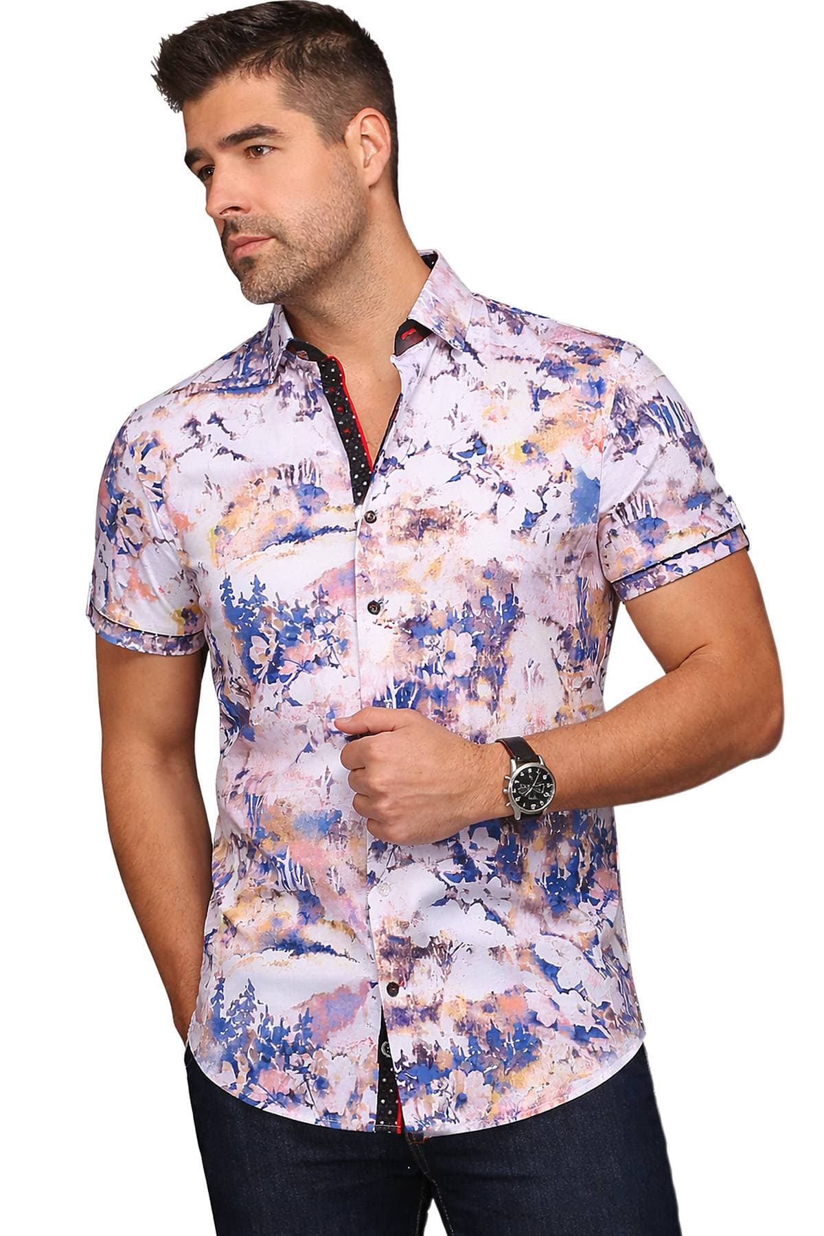 Pink Short Sleeve Stretch Cotton Shirt | Men's - 195.0000 - Main product view