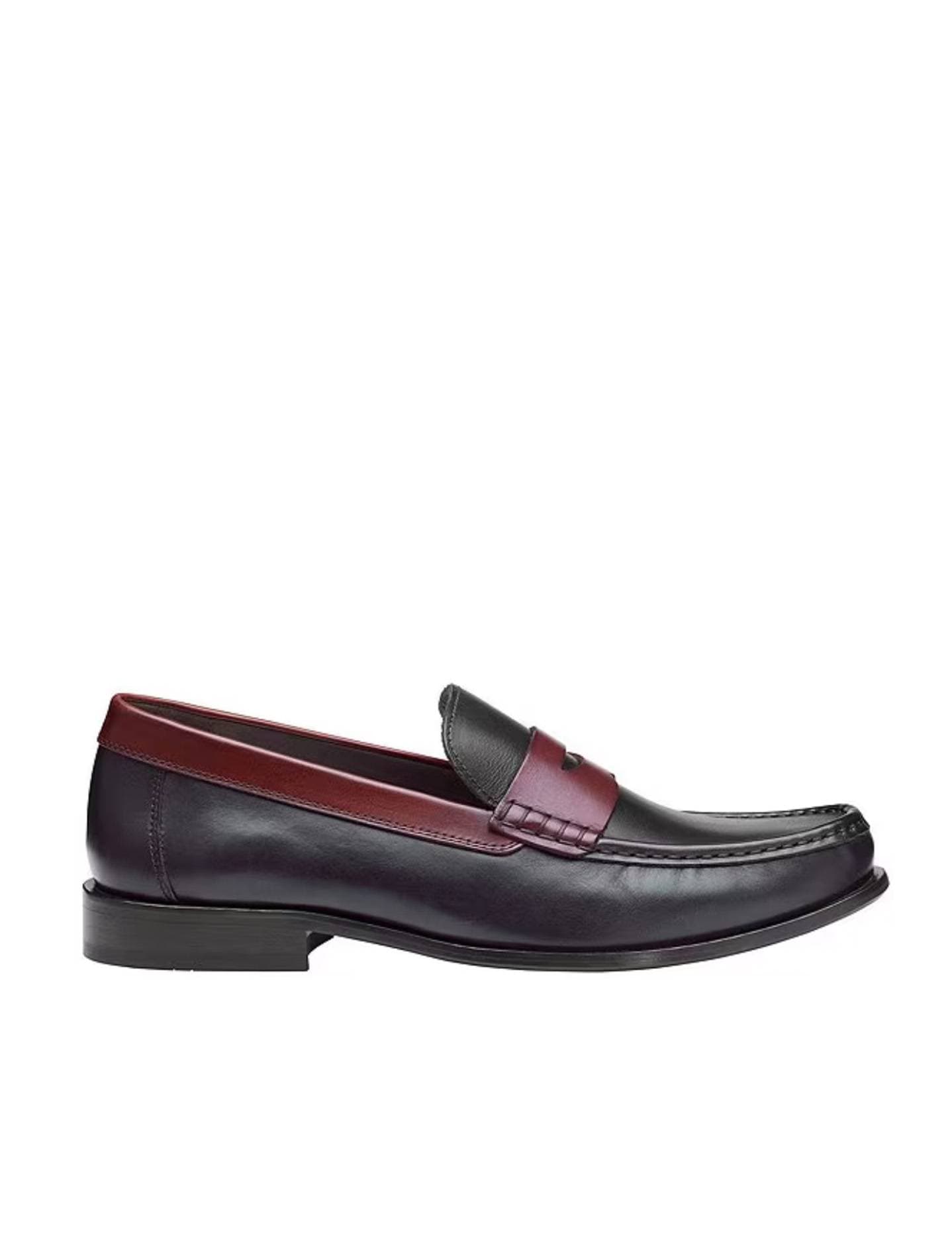 A single black leather loafer with a burgundy accent strip and classic penny loafer detail.