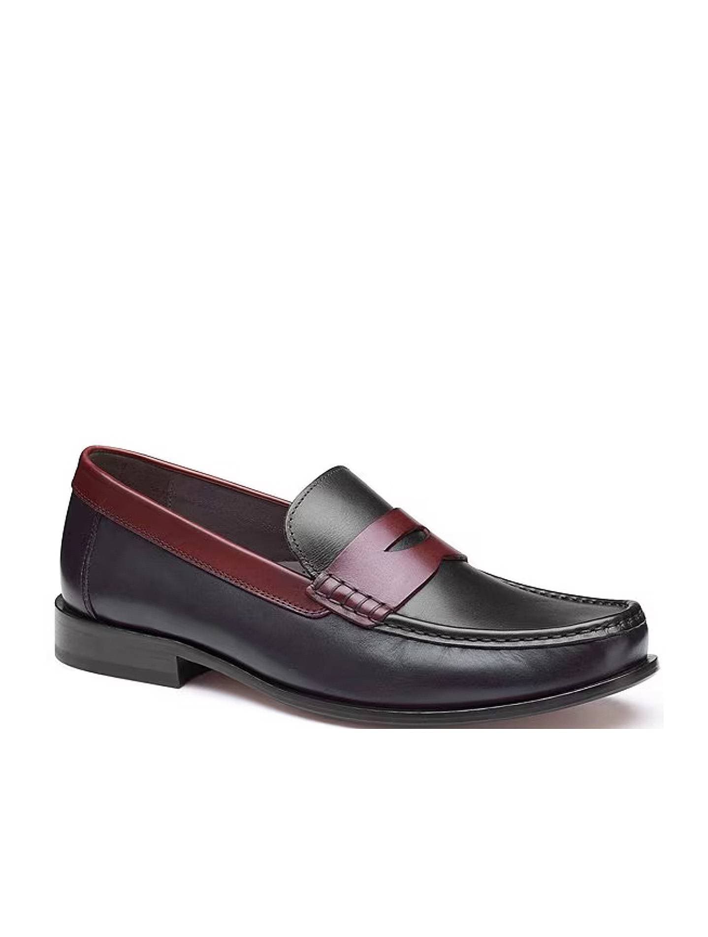A two-tone black and burgundy leather loafer with a sleek design.