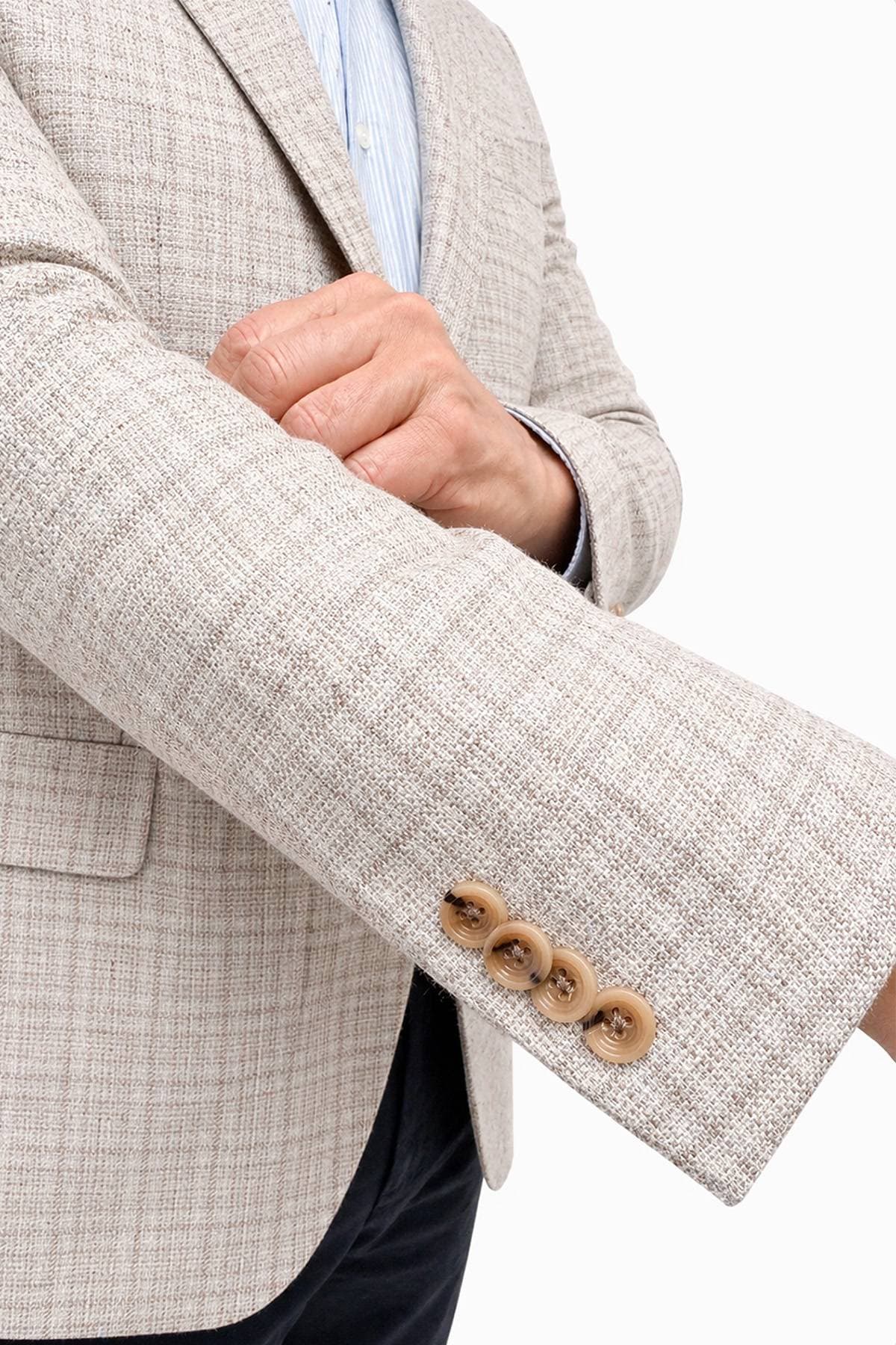 Cream Beige Silk Blend Plaid Blazer | Men's - 1765.0000 - Alternative view 3