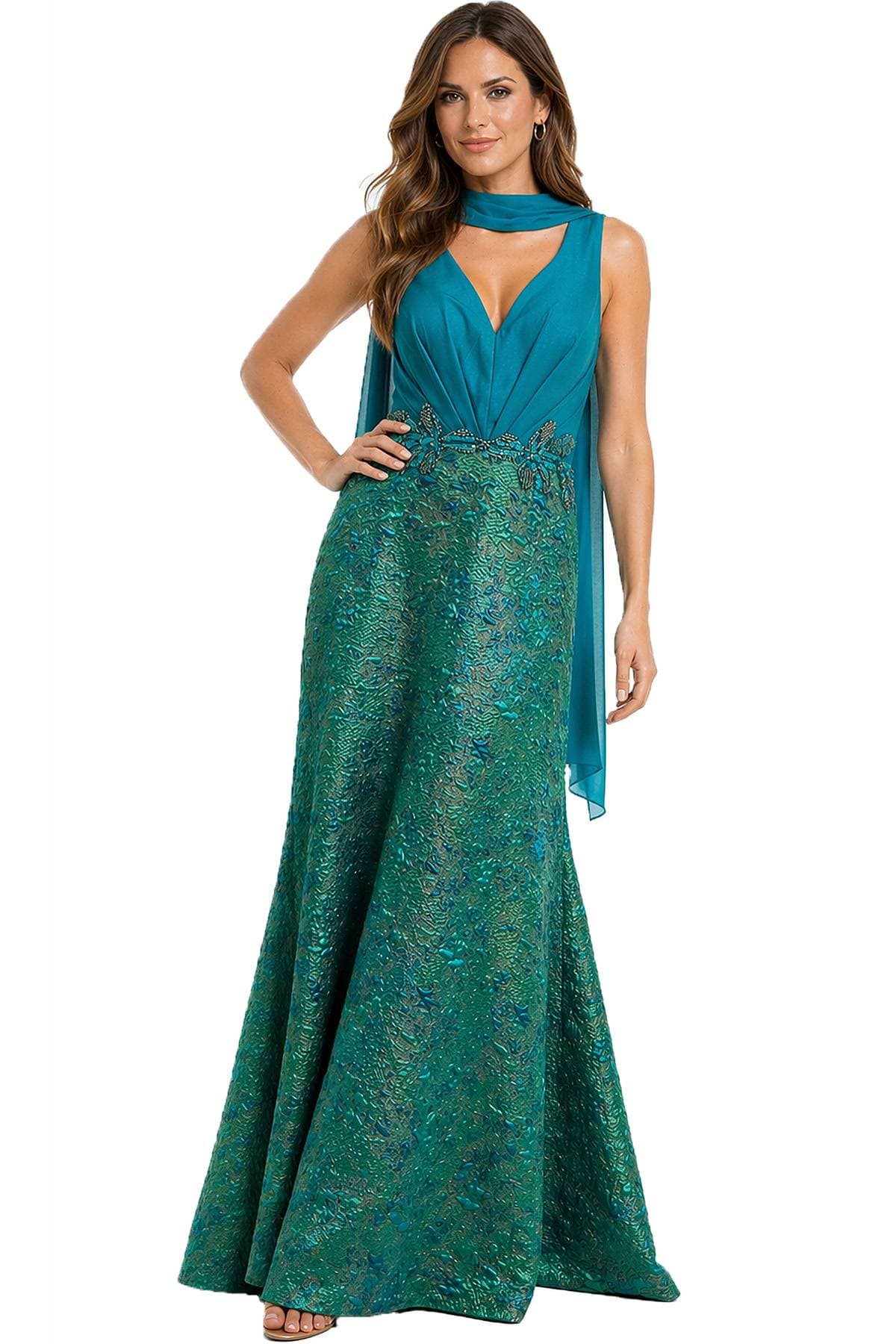 Turquoise Blue Gown With Embellished Waist - 695.0000 - Main product view