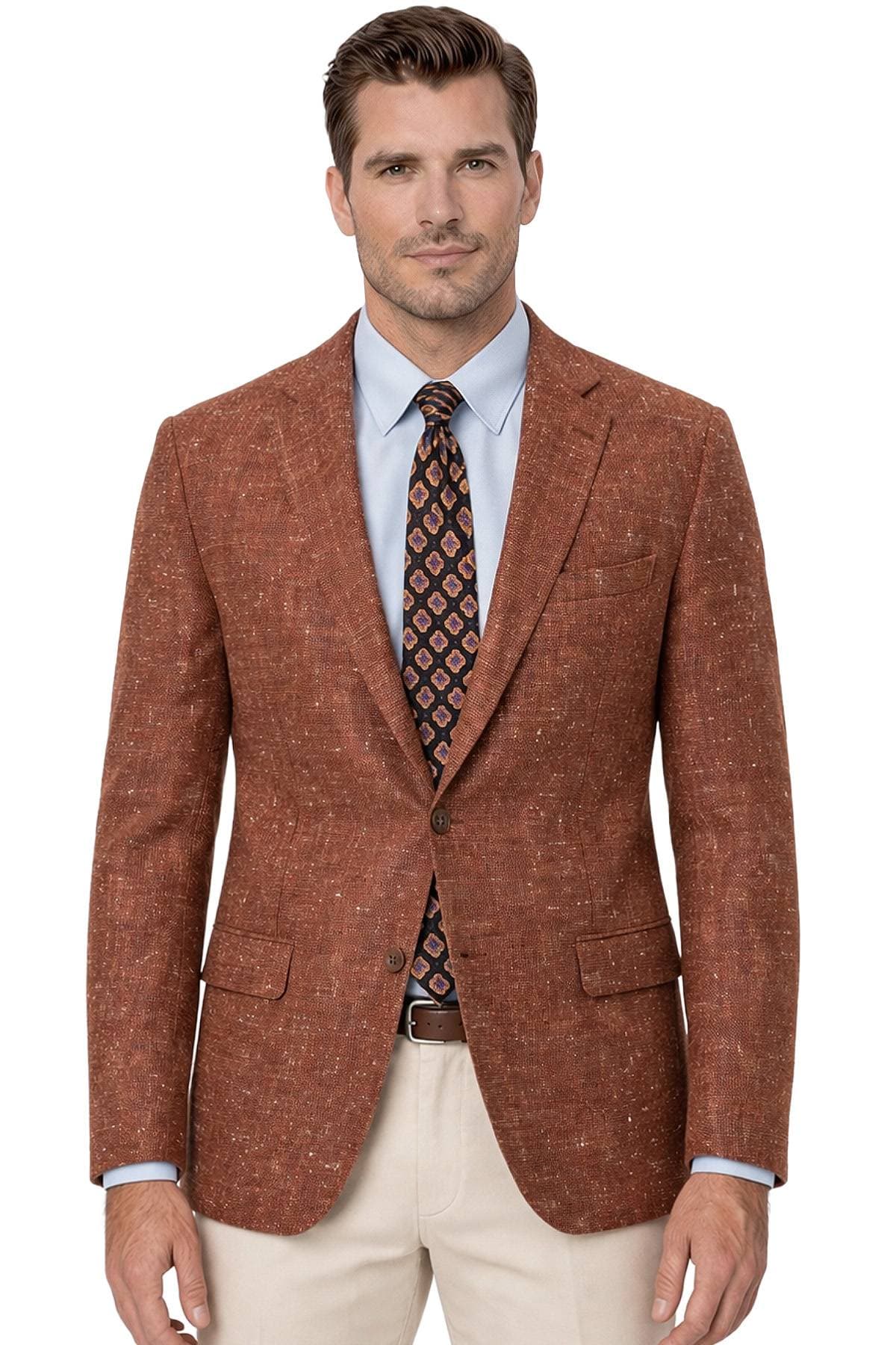 Brown Cinnamon Silk Blend Basket weave Jacket – Textured Modern Fit -  - Main product view