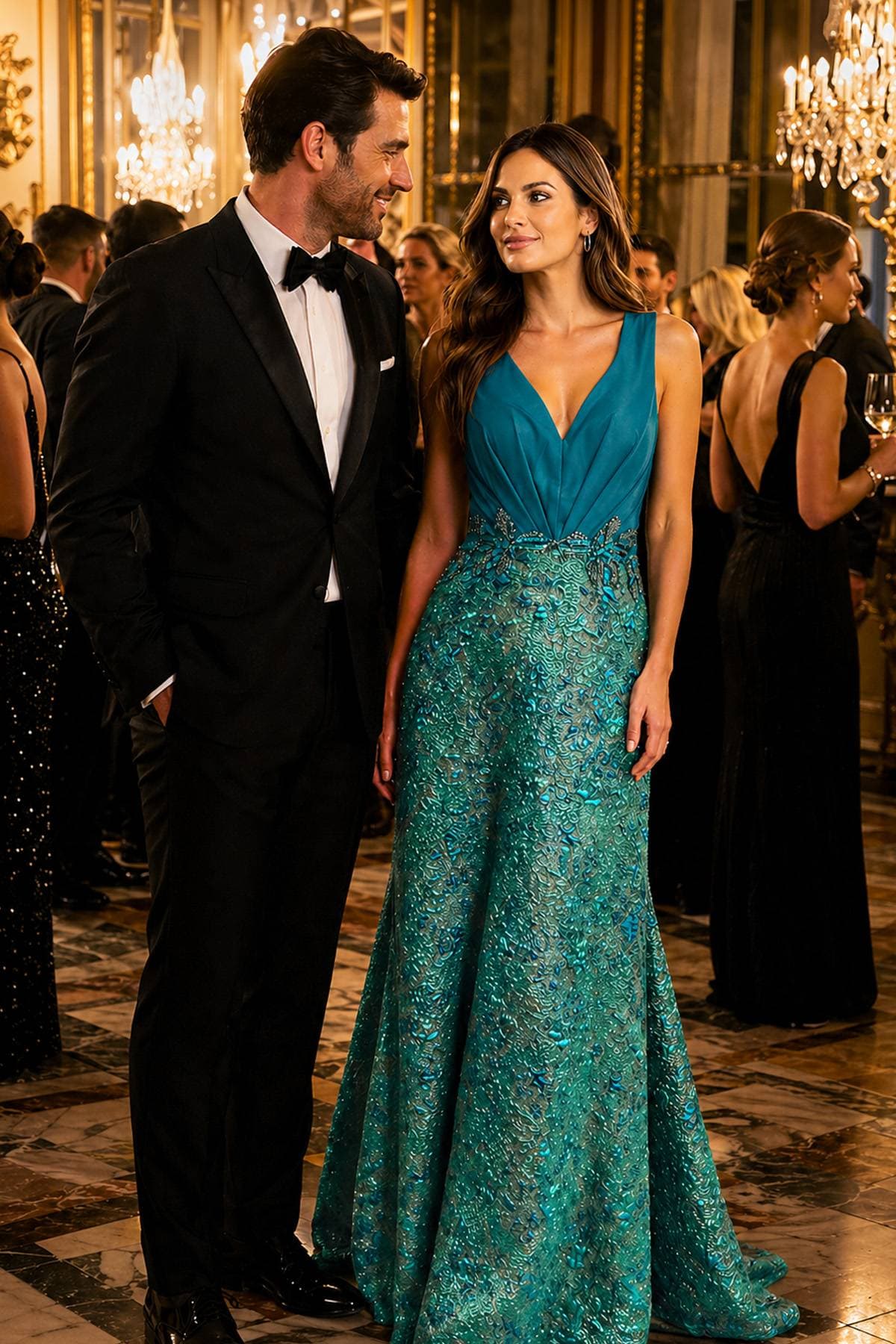 Turquoise Blue Gown With Embellished Waist - 695.0000 - Alternative view 2