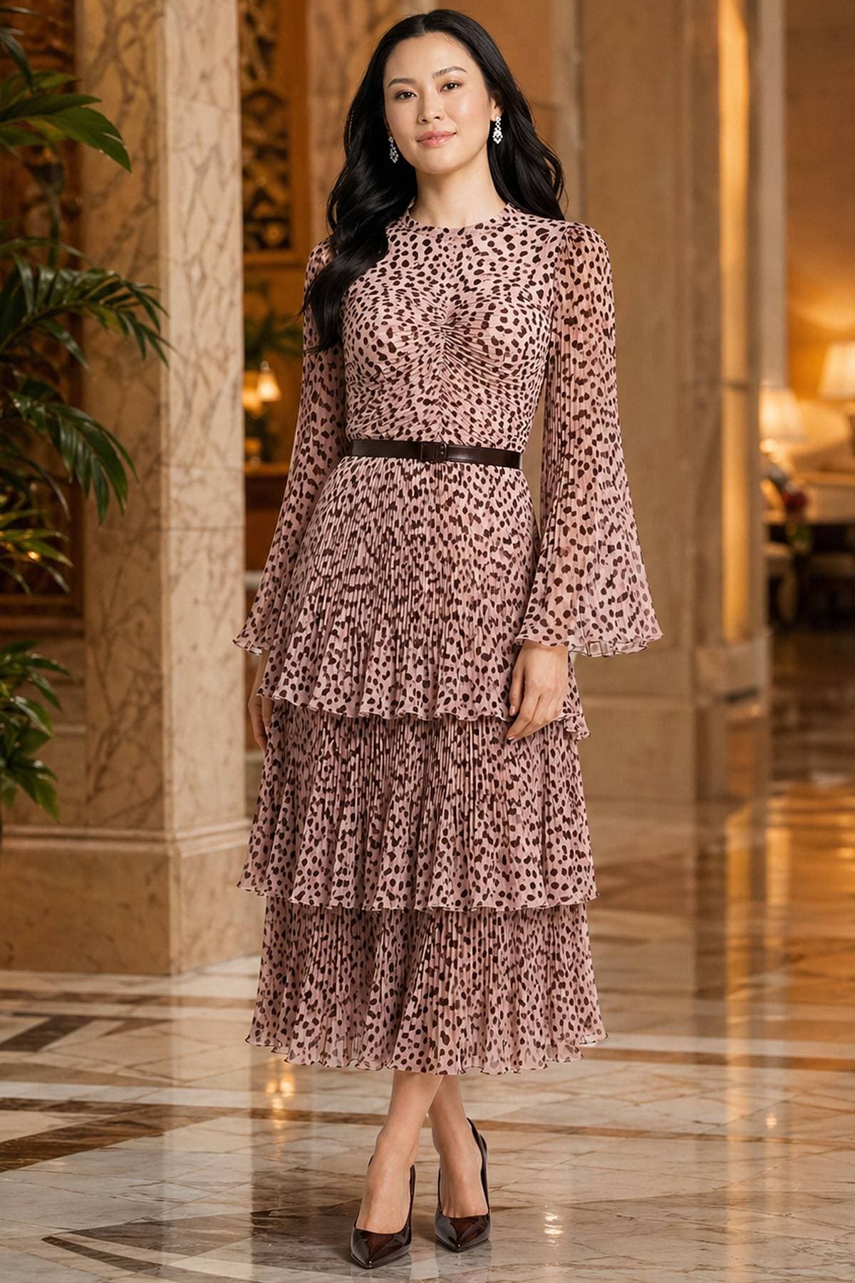 Light Peach Polka Dot Tiered Cocktail Dress | Women's - 695.0000 - Alternative view 2