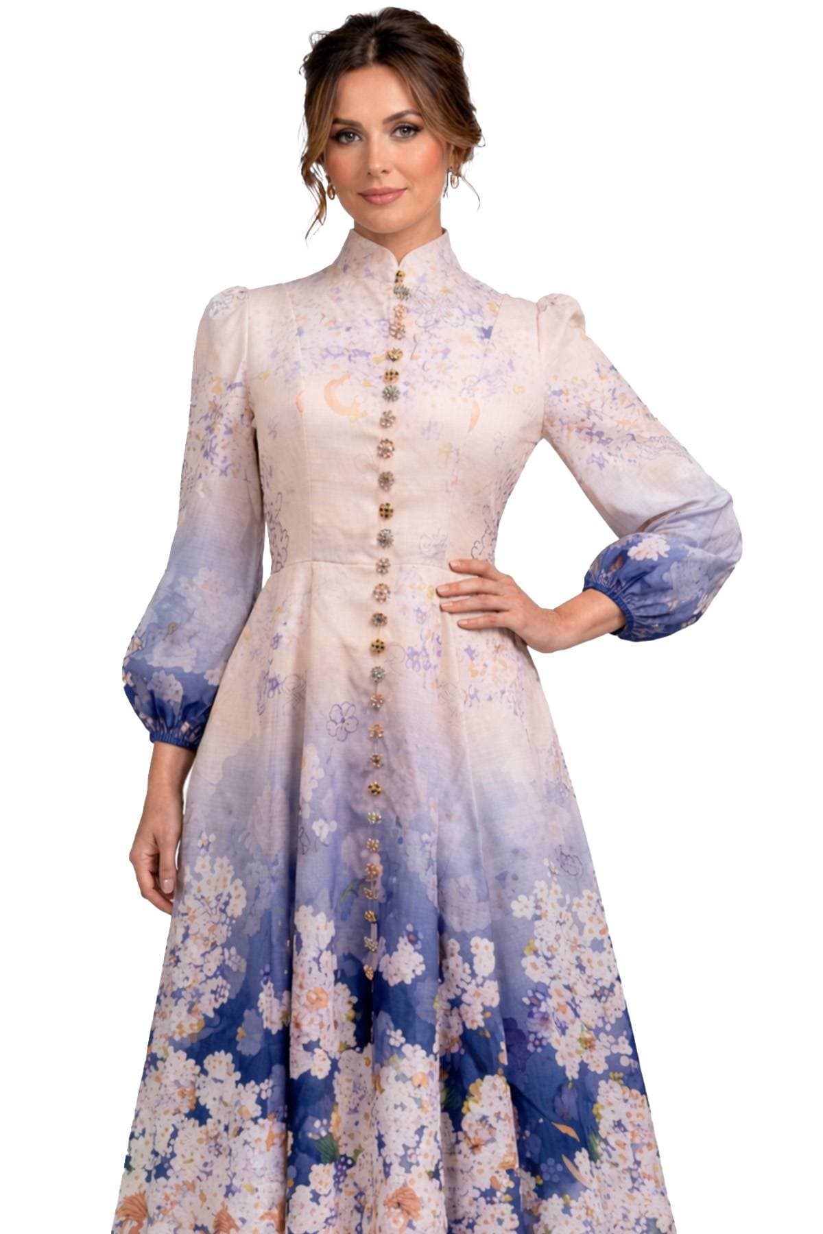 Ombre Botanical Midi Dress with Jewel Button Detail - $465.00 - View 6 of 7