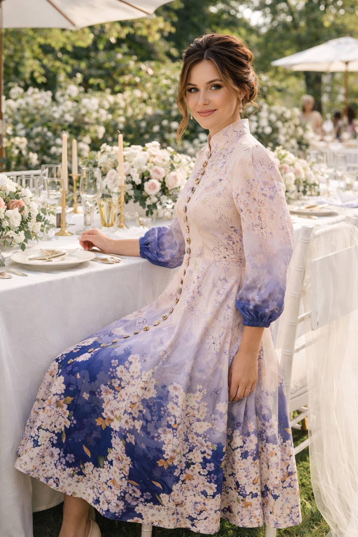 A woman in a floral dress sits at a elegantly set table adorned with flowers and candles.