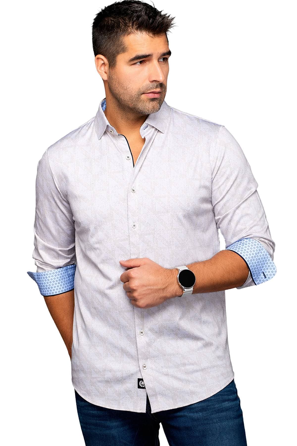 Sand Beige Jacquard Stretch Shirt | Men's - 225.0000 - Main product view