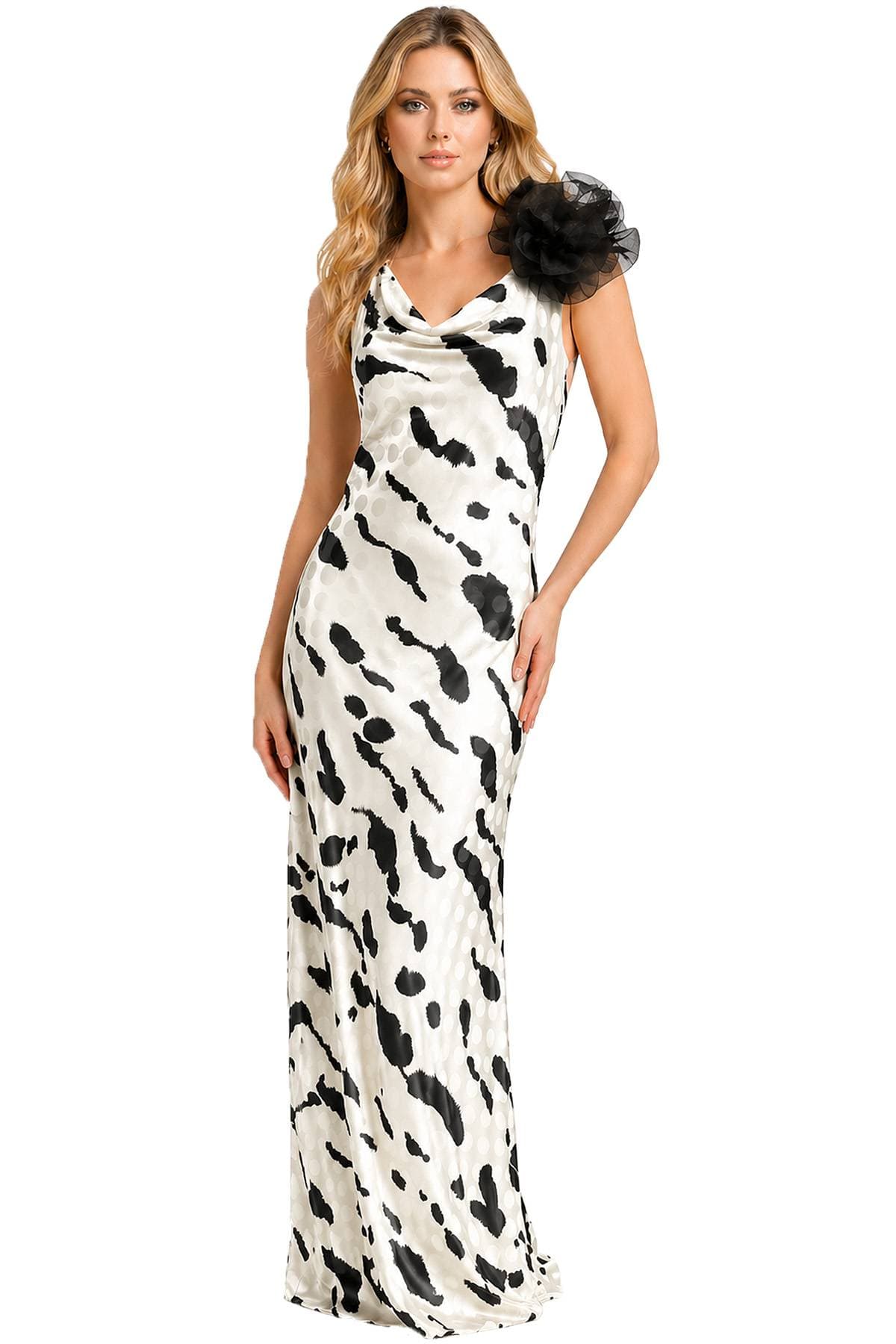 Off-White and Black Printed Gown With Rose -  - Main product view