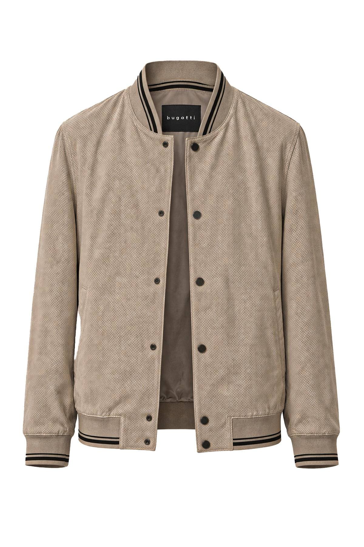 A beige bomber jacket with black buttons and striped cuffs from Bugatti.