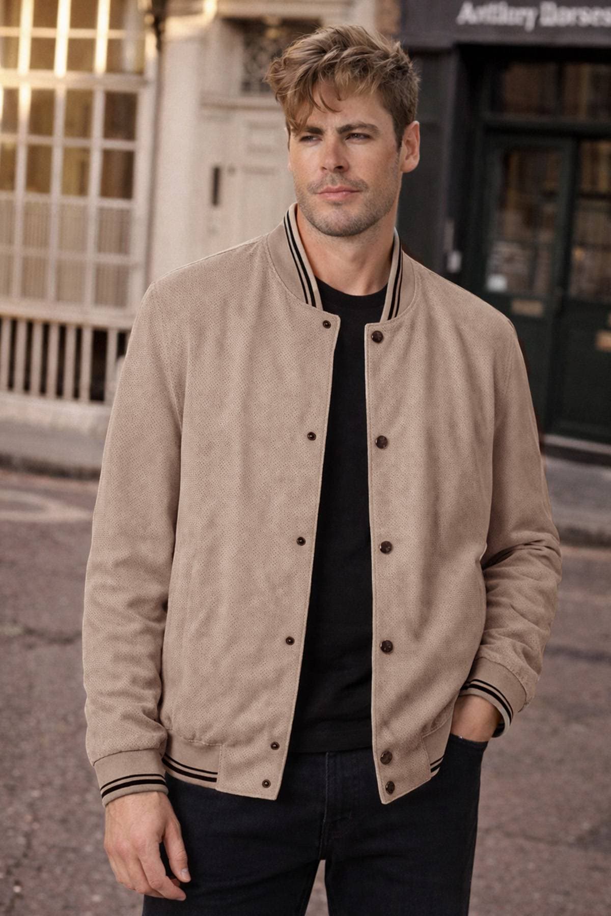 A man wearing a beige jacket and dark shirt stands with his hands in his pockets.