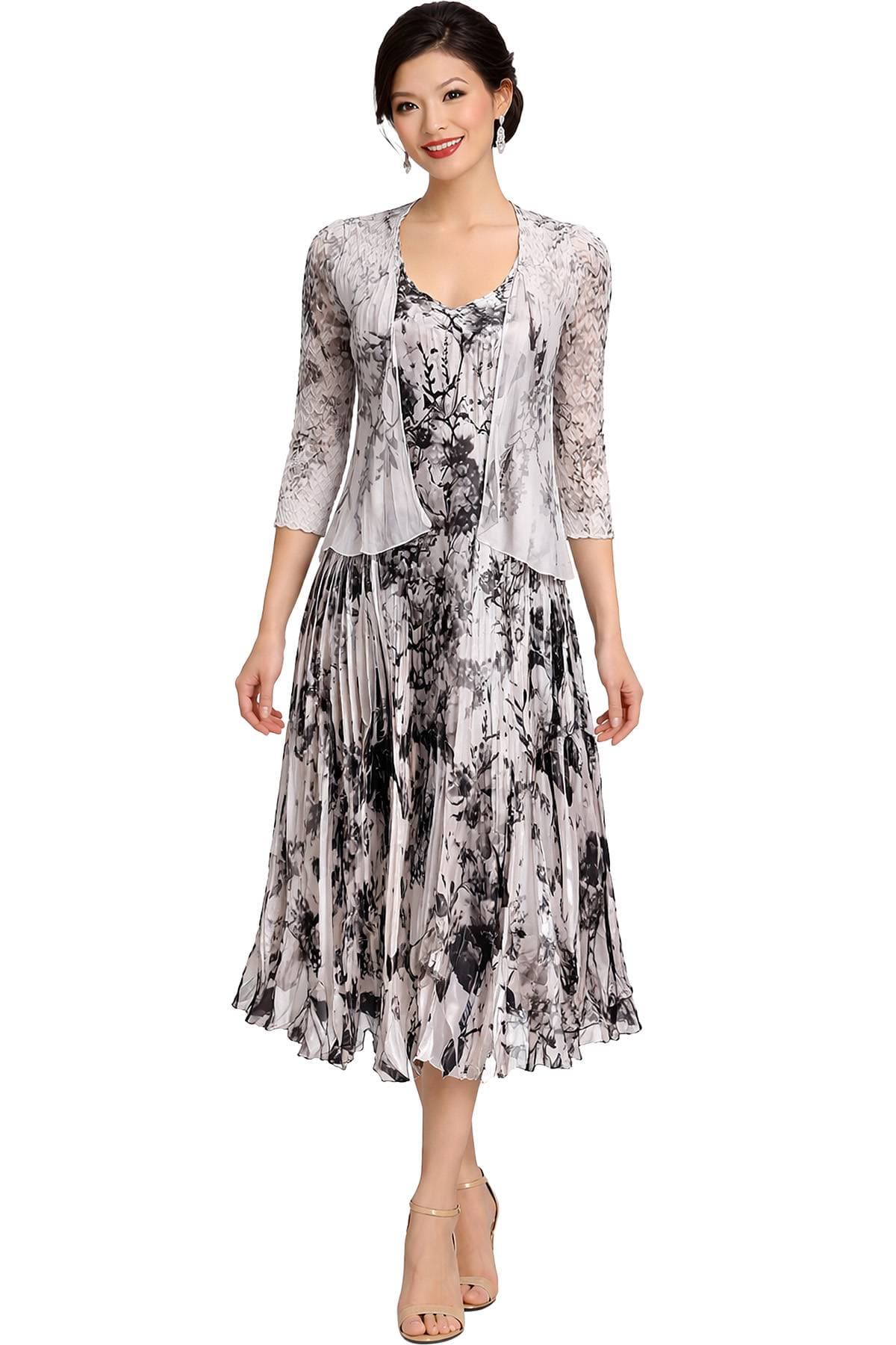 Black White 2pc Pleated Floral Print Ensemble Midi Dress - 595.0000 - Main product view