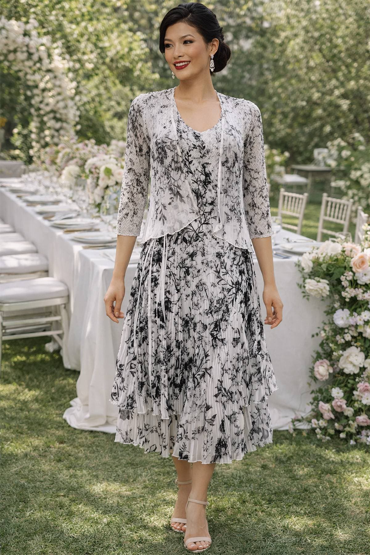 Black White 2pc Pleated Floral Print Ensemble Midi Dress - 595.0000 - Alternative view 2