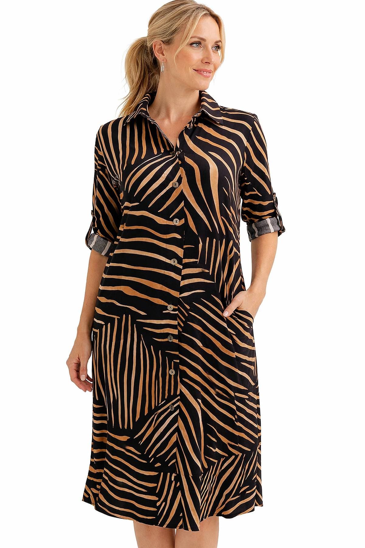 Brown Black Tiger Viscose Shirt Dress - 265.0000 - Main product view