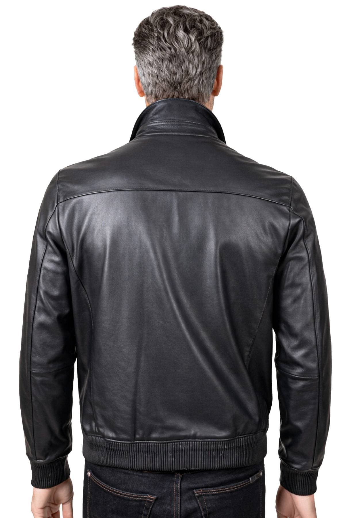 A man wearing a black leather jacket is shown from the back.