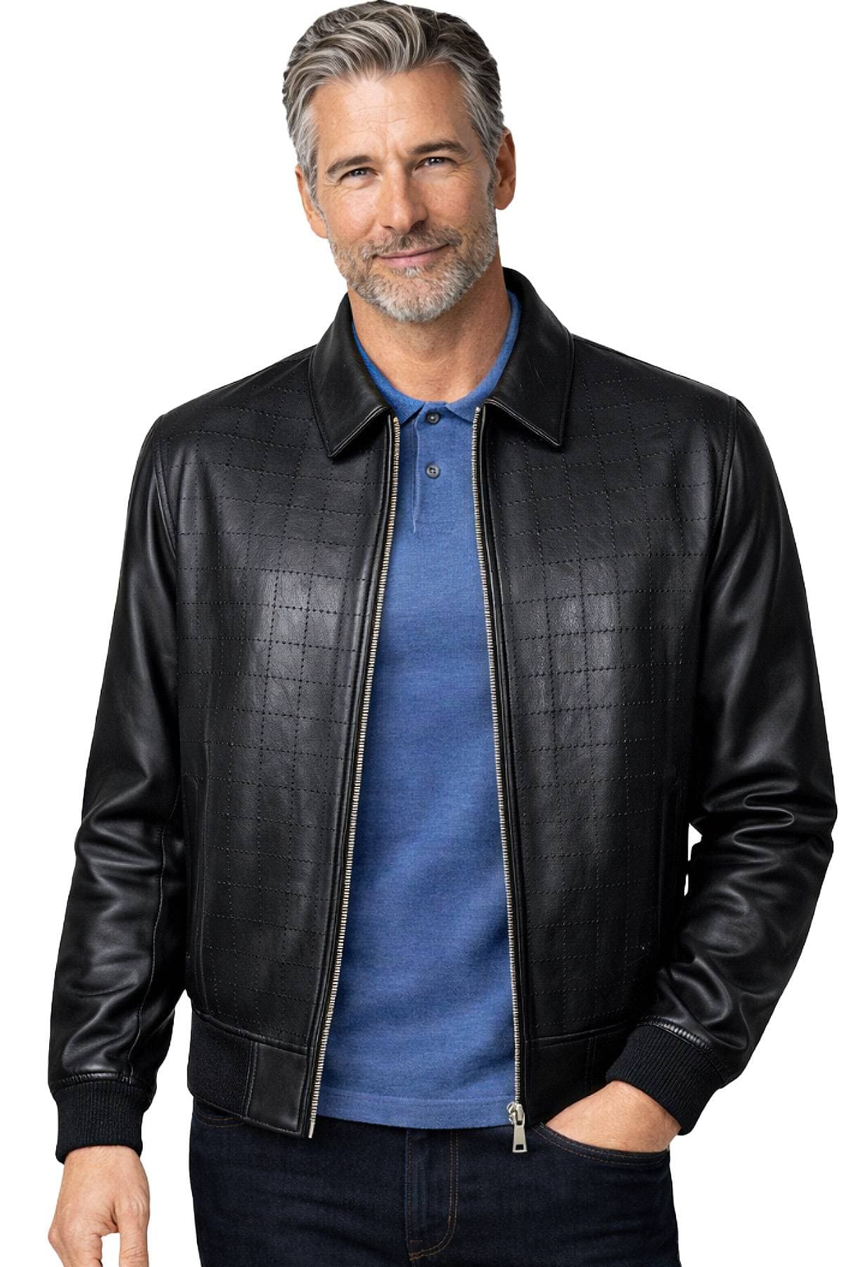 A man with gray hair is wearing a black leather jacket over a blue shirt.