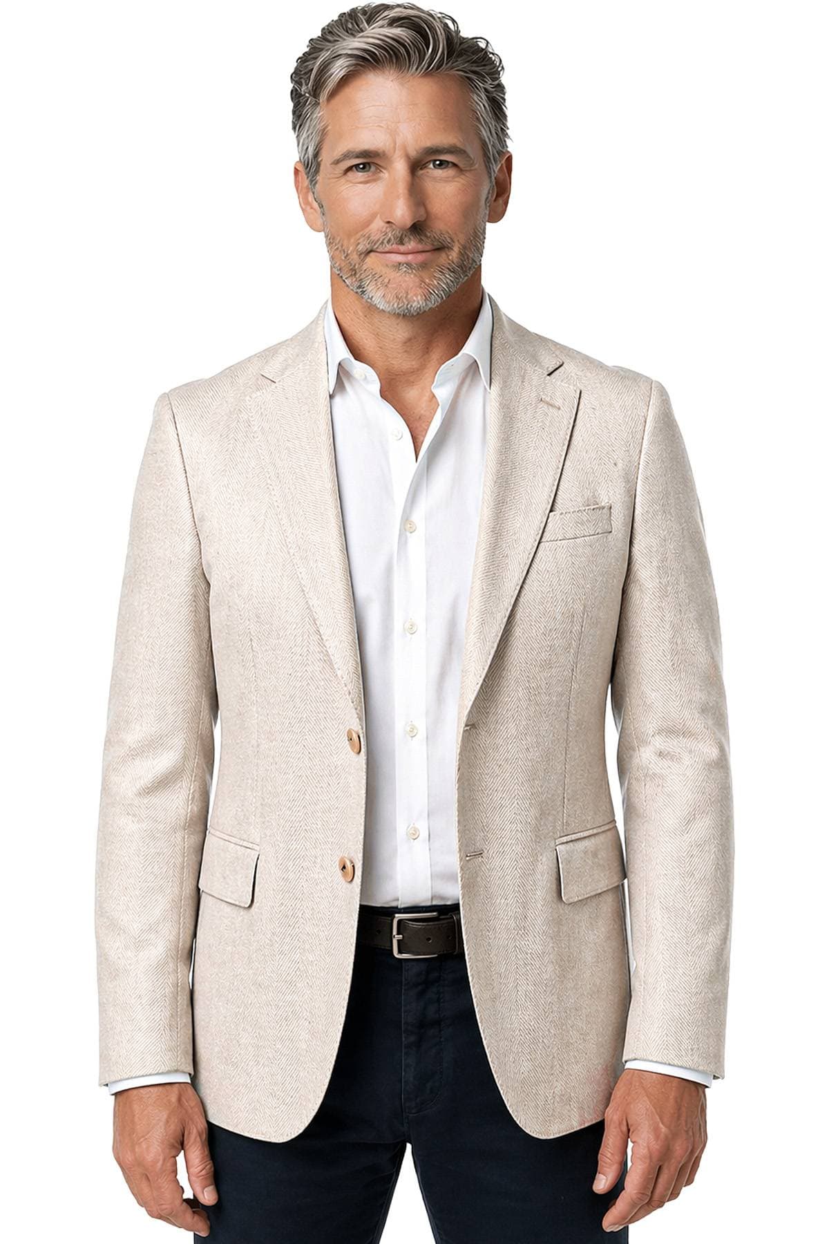 Light Beige Silk/Linen Chevron Blazer Jacket -  - Main product view