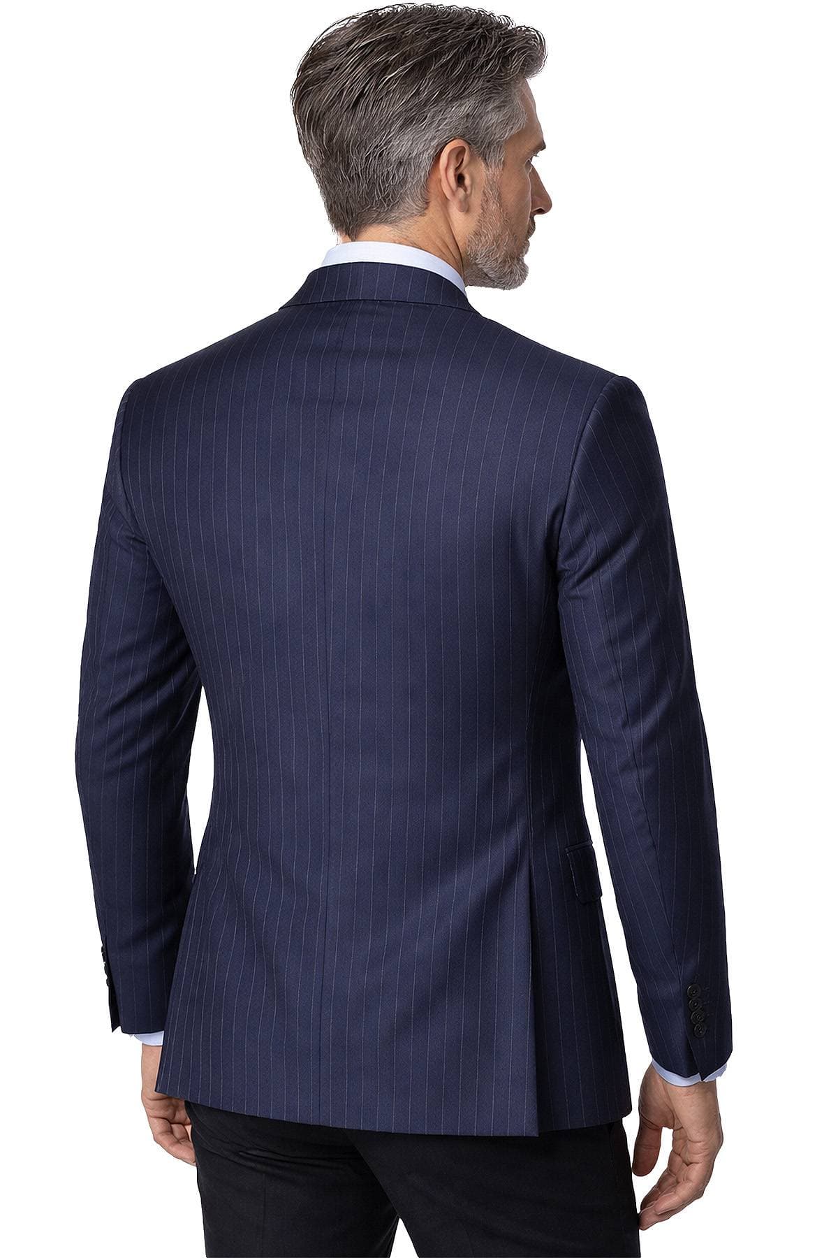 A man with gray hair is wearing a dark blue pinstripe suit seen from the back.